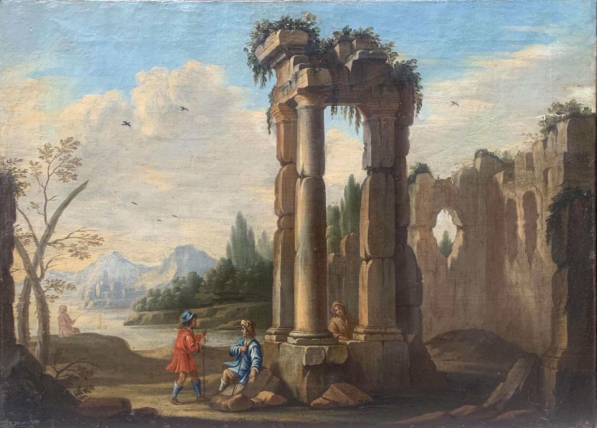 Unknown Landscape Painting - Architectural Capriccio With Roman Ruins : Signed G. Longhi And Dated 1718.