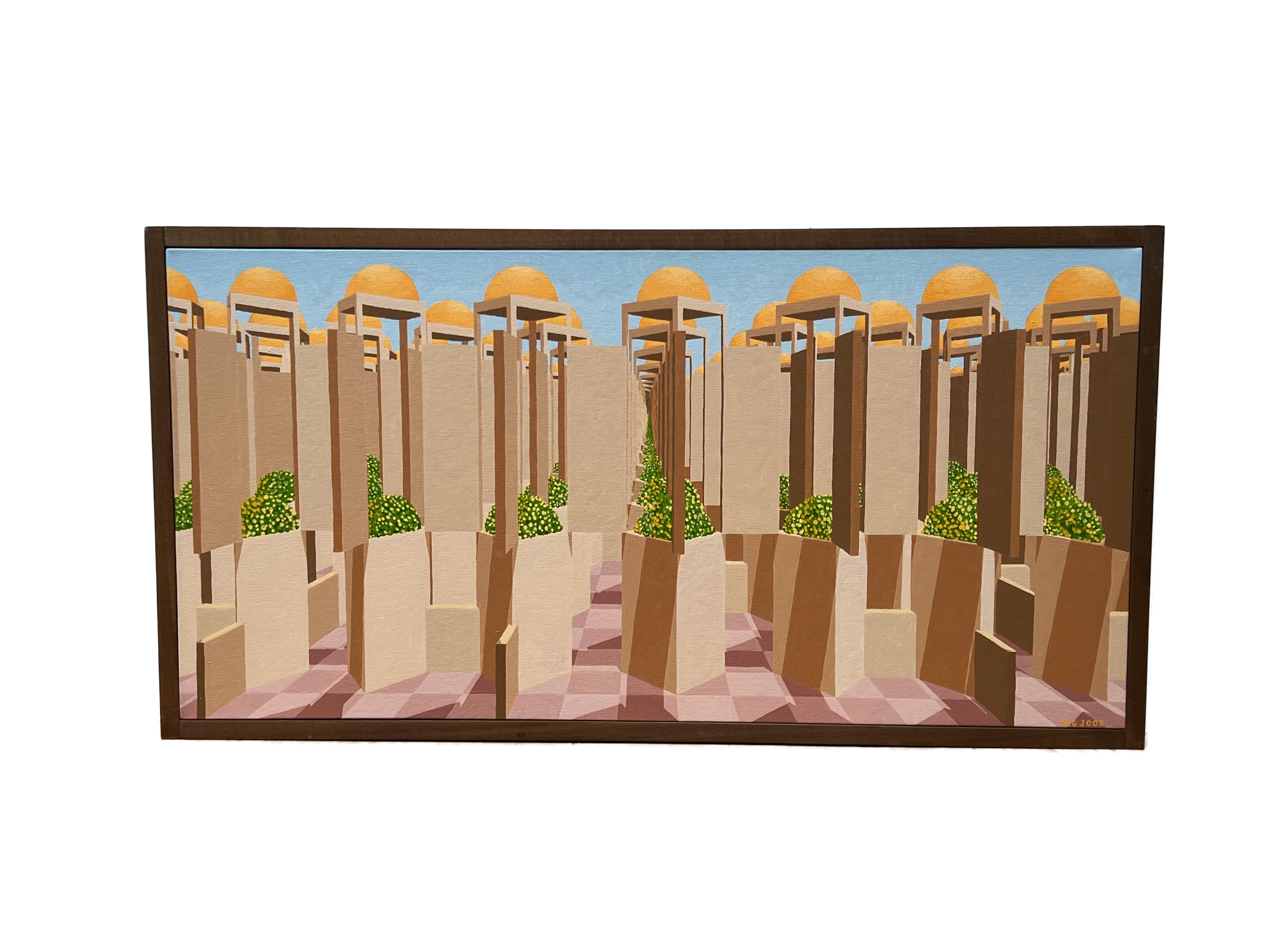


Architectural Landscape signed BHG, 2008.
Acrylic on canvas in solid walnut frame

This striking, dream-like painting demonstrates draftsman-level technical skills; while capturing an intricate labyrinth of light and shadow.  The artist's
