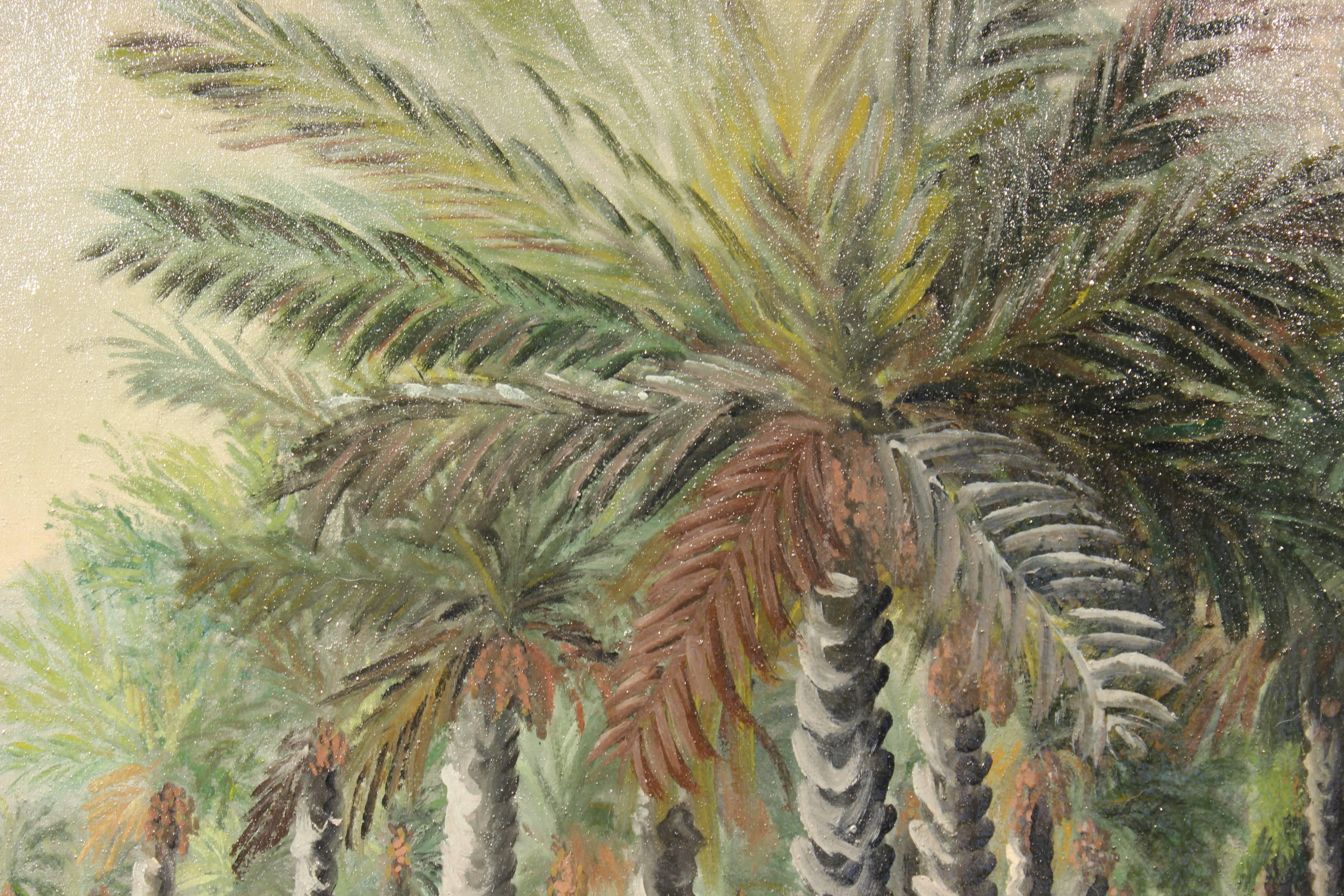 Impressionist architectural palm landscape by a river. Signed by unknown artist in 1968. 

Dimensions Without Frame: H 21 in. x W 33.5 in. 