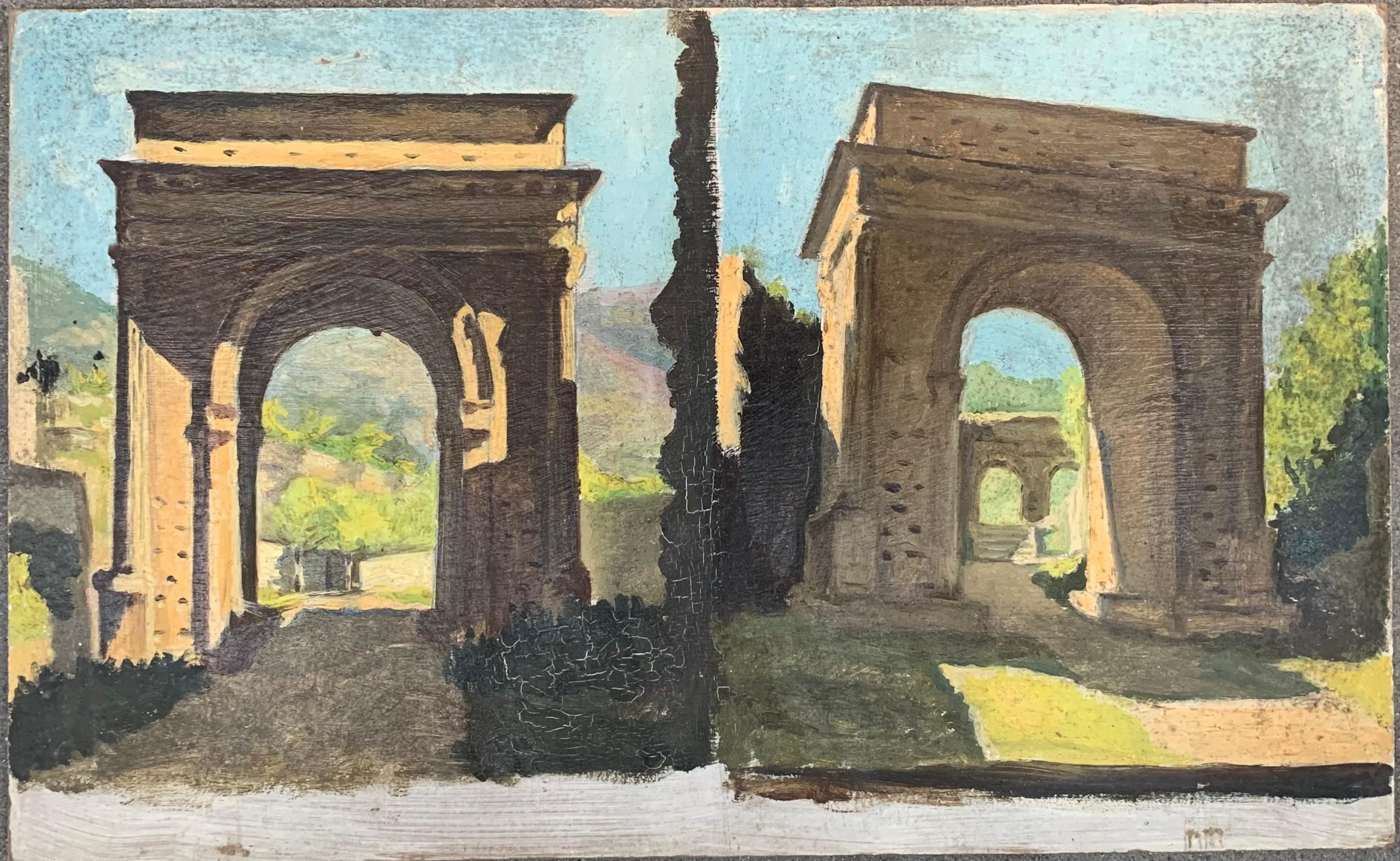 Architectural sketch of an arch, executed at two different times of the day.
A classic arch is represented, in the Paladian taste, in the greenery of a park, on a sunny day.
Beautiful rendering of light effects.
Sketch for a bigger