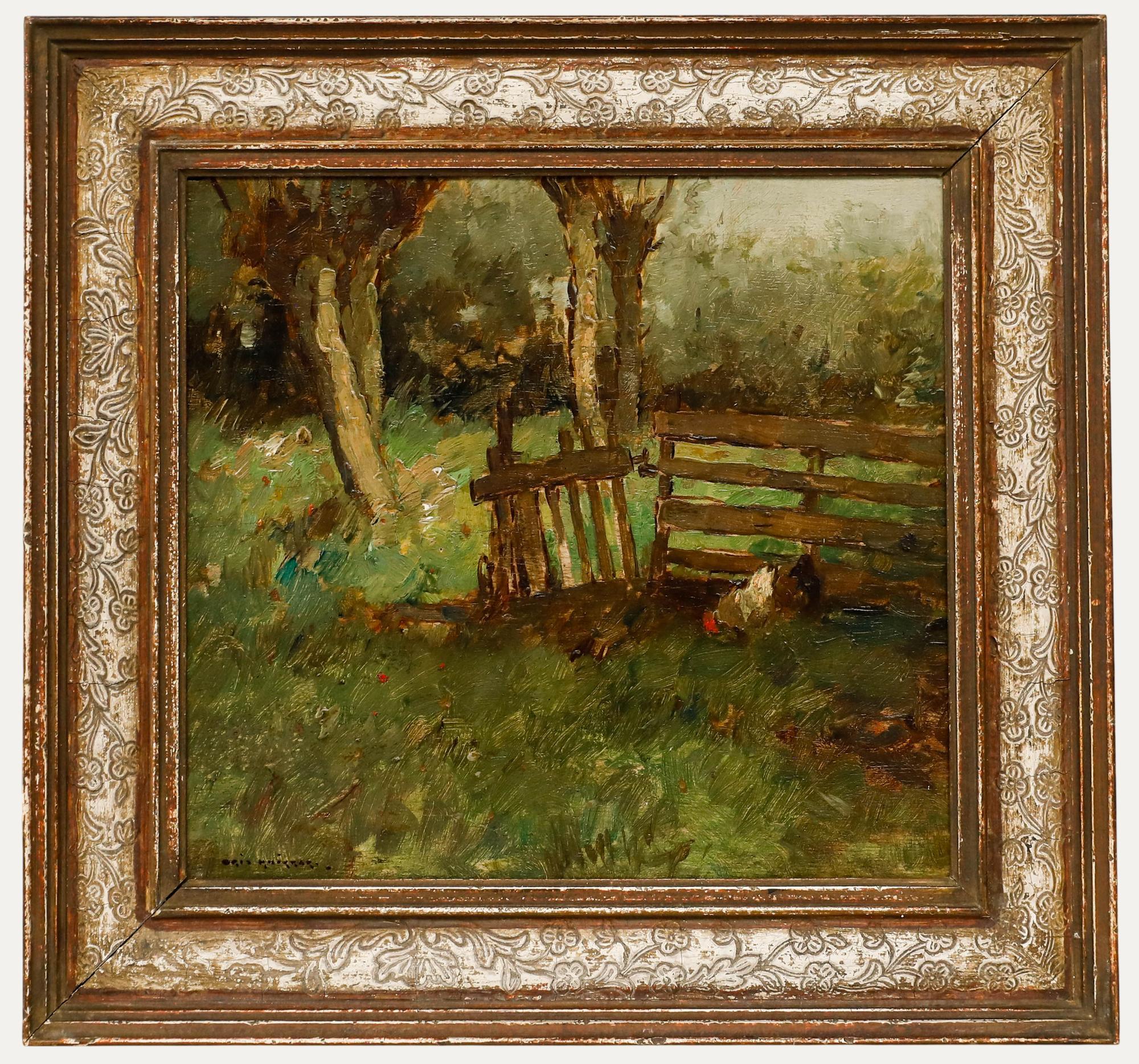 Unknown Animal Painting - Aris Knikker (1887-1962) - Early 20th Century Oil, Chickens in an Orchard
