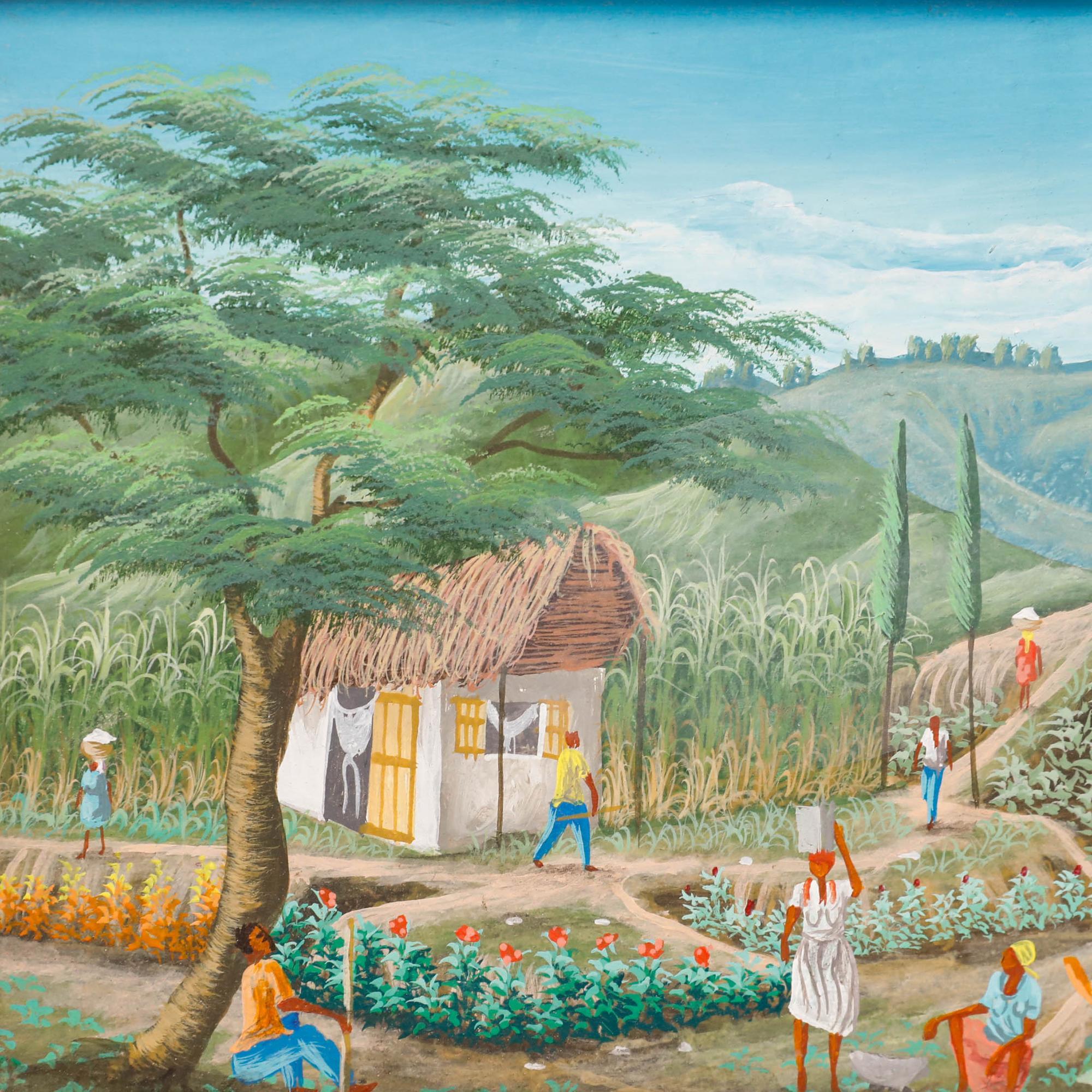 Un magnifique paysage miniature de l'Artistics haïtien Arnoux Lande, montrant des personnages s'occupant de leurs cultures sur une parcelle de terre non cultivée. Signé et daté en bas à gauche. L'huile a été bien présentée dans un cadre ancien à