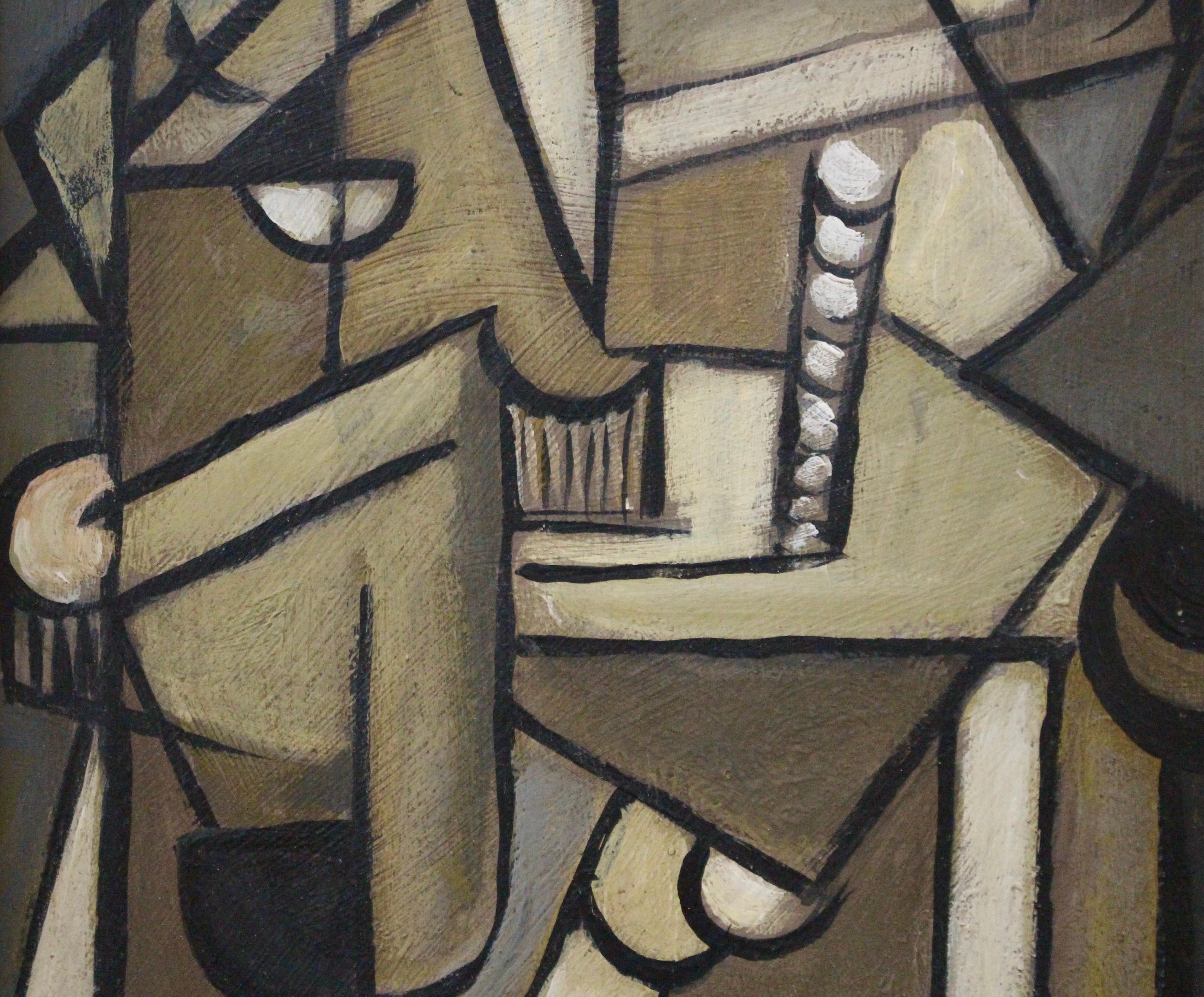 'Arrangement in Cubism, oil on board (circa 1960s-70s), Berlin school. Dark lines frame almost monochromatic geometric shapes. These very subtle hues combine to create a balanced cubist arrangement in portrait format. In good overall condition