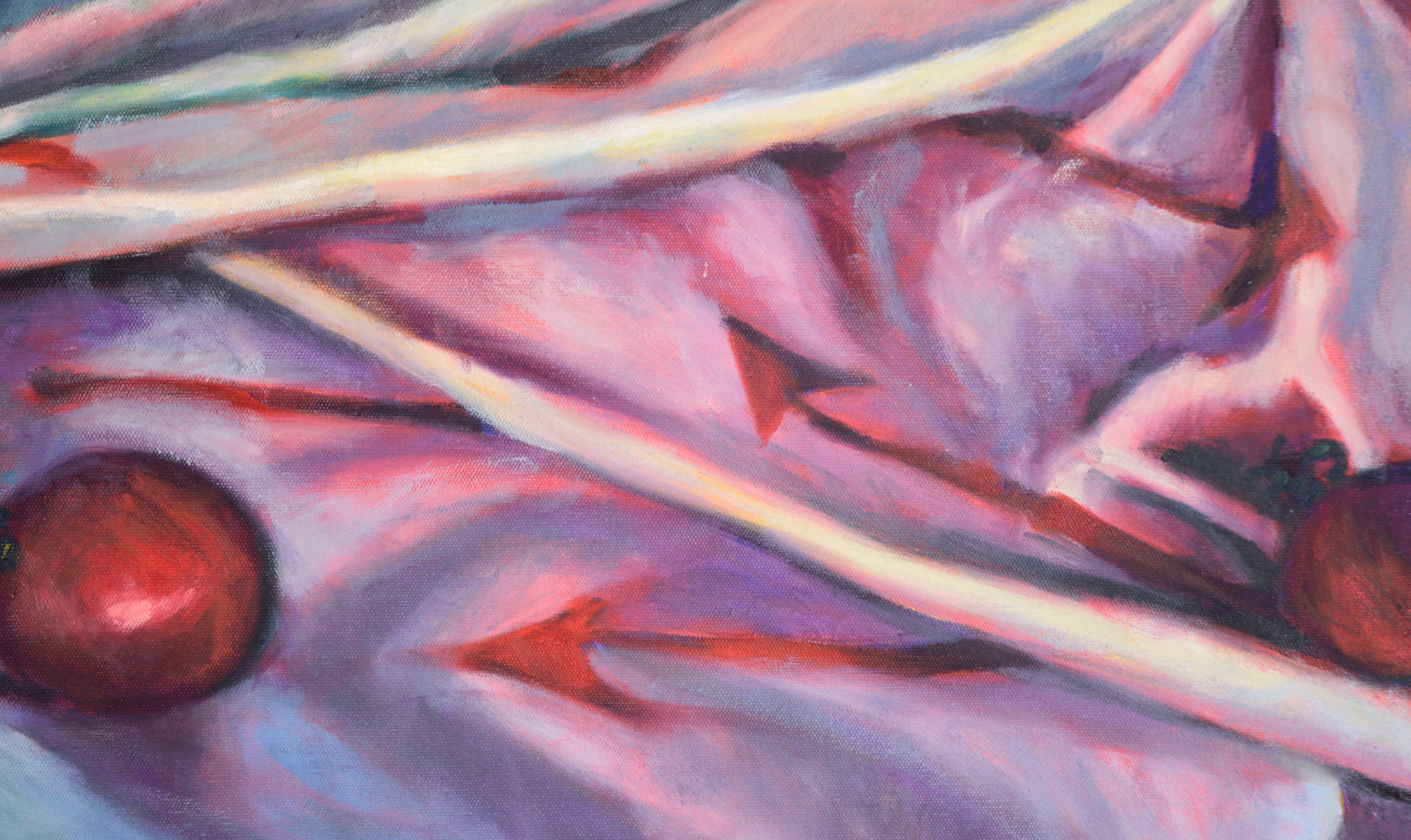 Pfeile und Kirschtomaten - Zeitgenössisches Stillleben in Öl auf Leinwand

Farbenfrohes Stilleben eines unbekannten Künstlers (20. Jahrhundert). Ein blaues und magentafarbenes Tuch mit roten Pfeilen ist über einem Tisch ausgebreitet. Der Stoff weist