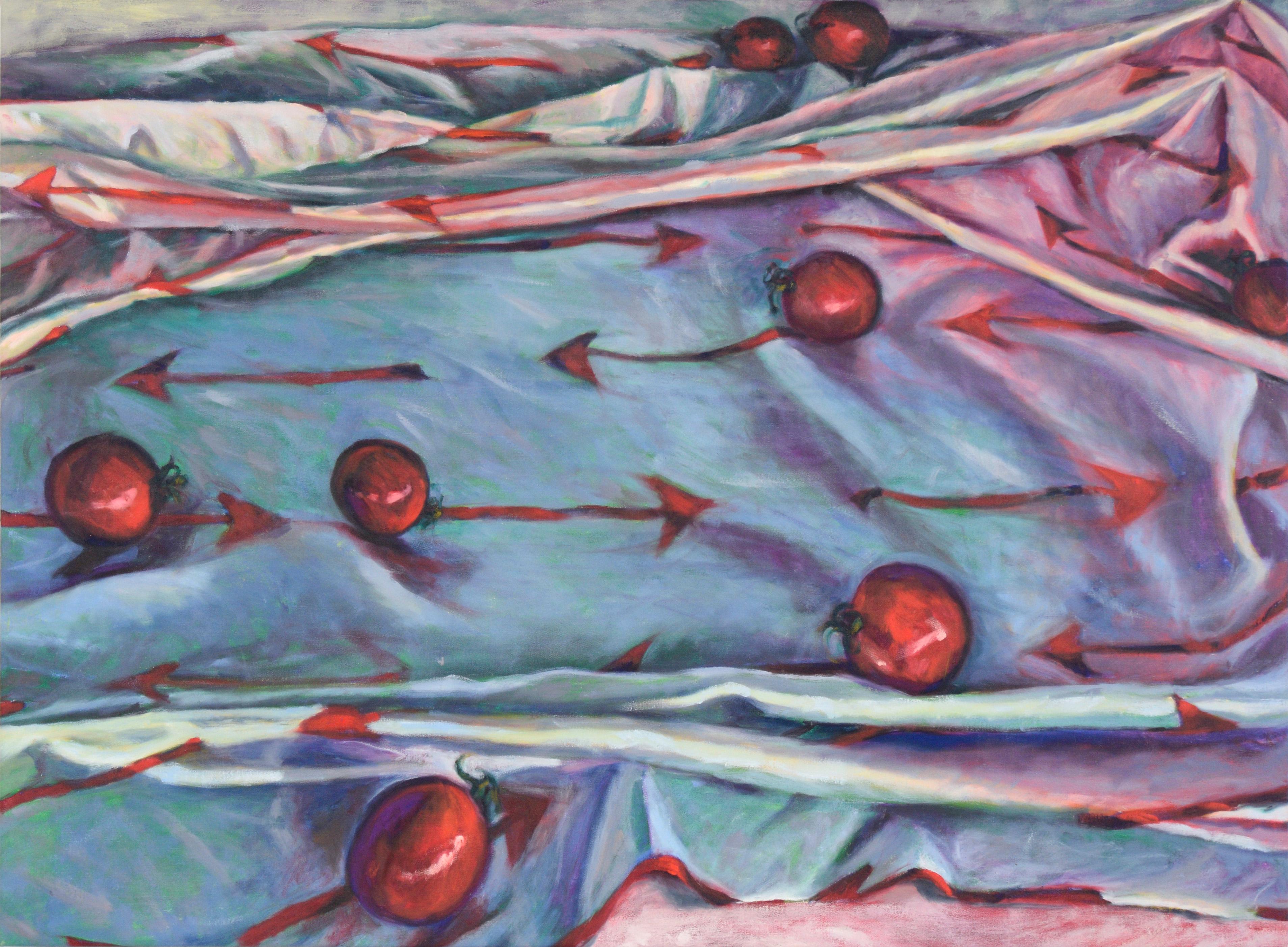 Still-Life Painting Unknown - Arrow et tomates cerises - Nature morte contemporaine à l'huile sur toile