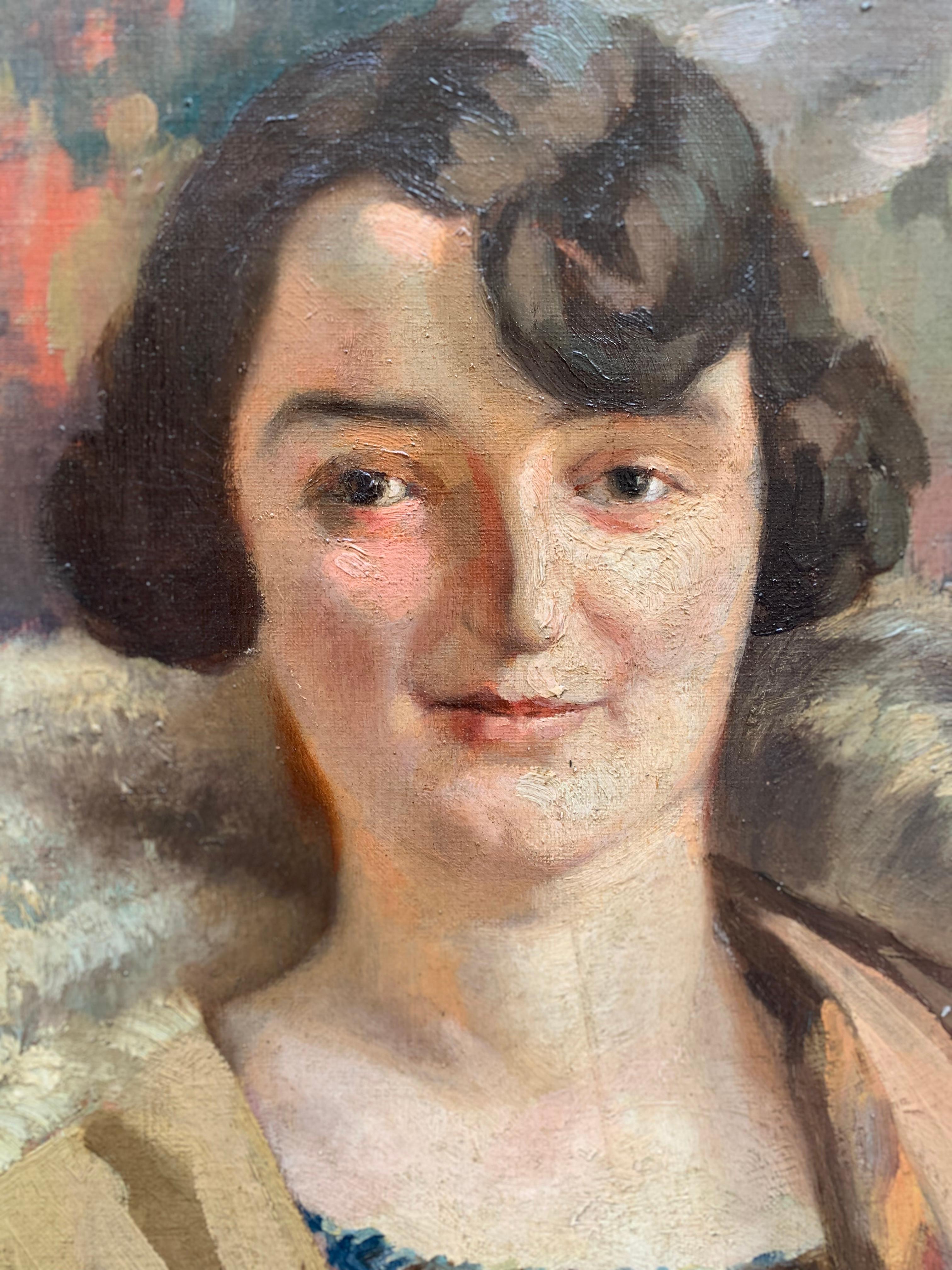 Art Deco ca. 1920. Portrait Of Lady With Bob Cut, Purple Dress And Fur Collar For Sale 6