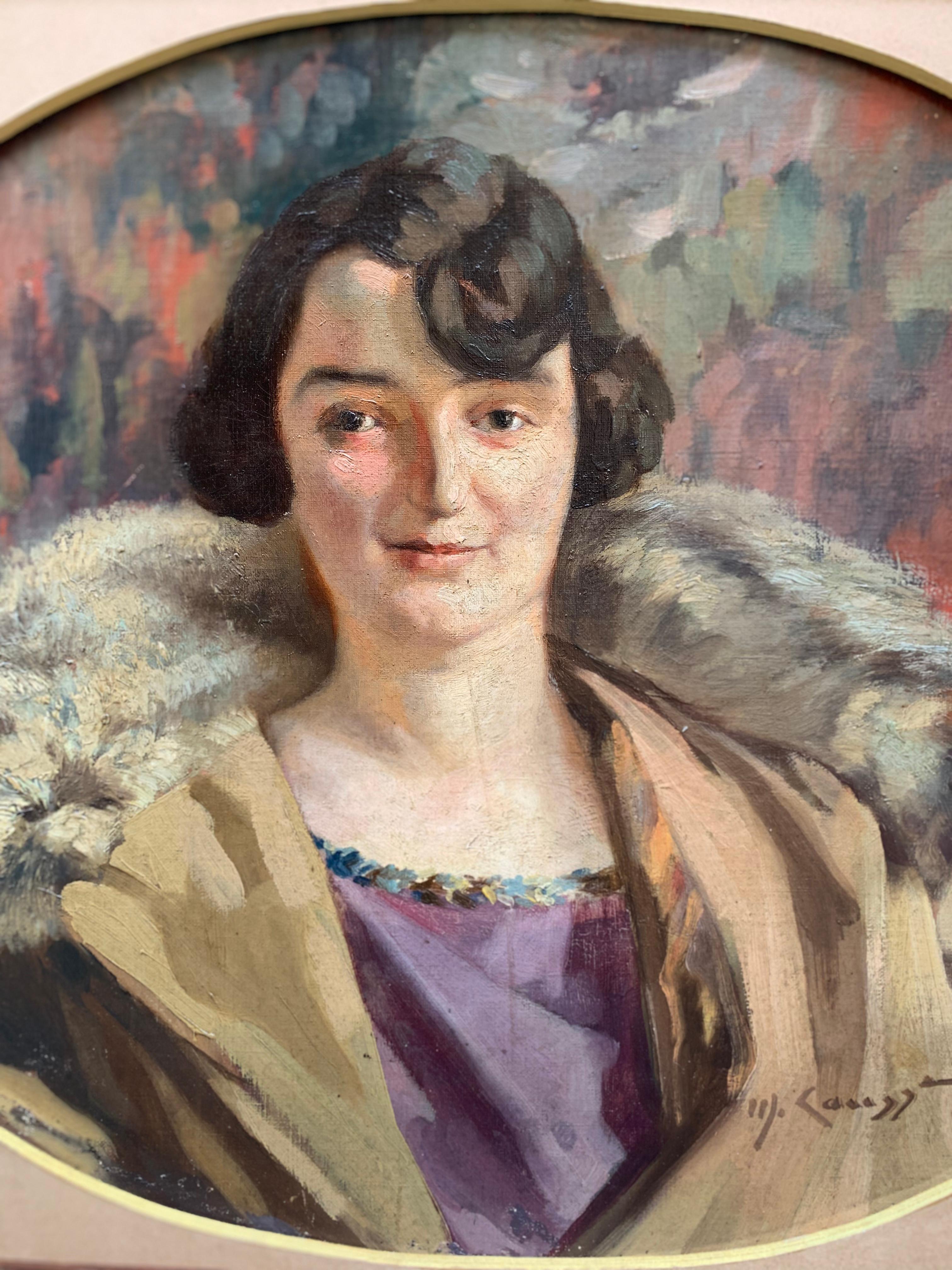 Art Deco ca. 1920. Portrait Of Lady With Bob Cut, Purple Dress And Fur Collar For Sale 8
