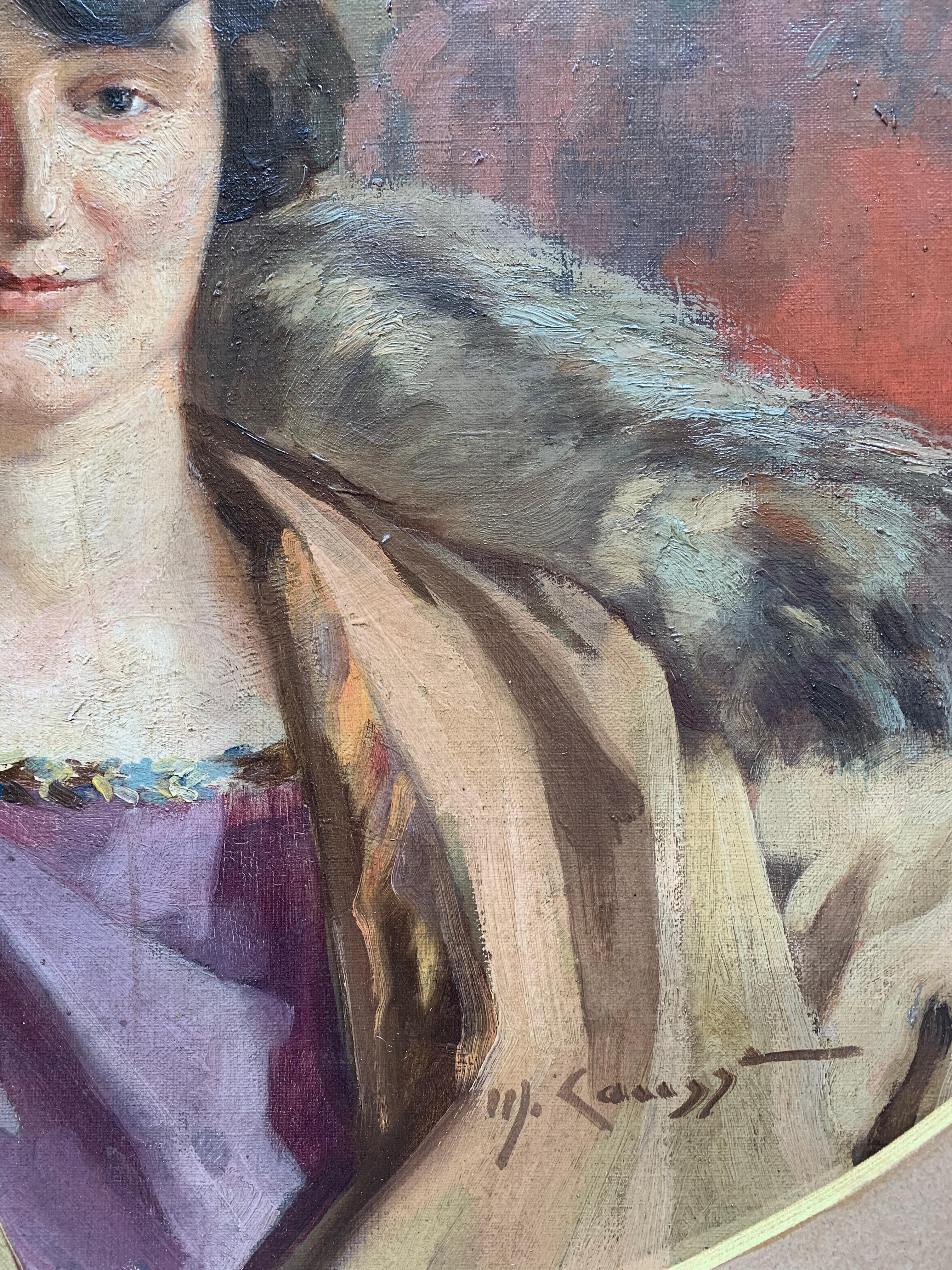 Art Deco ca. 1920. Portrait Of Lady With Bob Cut, Purple Dress And Fur Collar For Sale 10