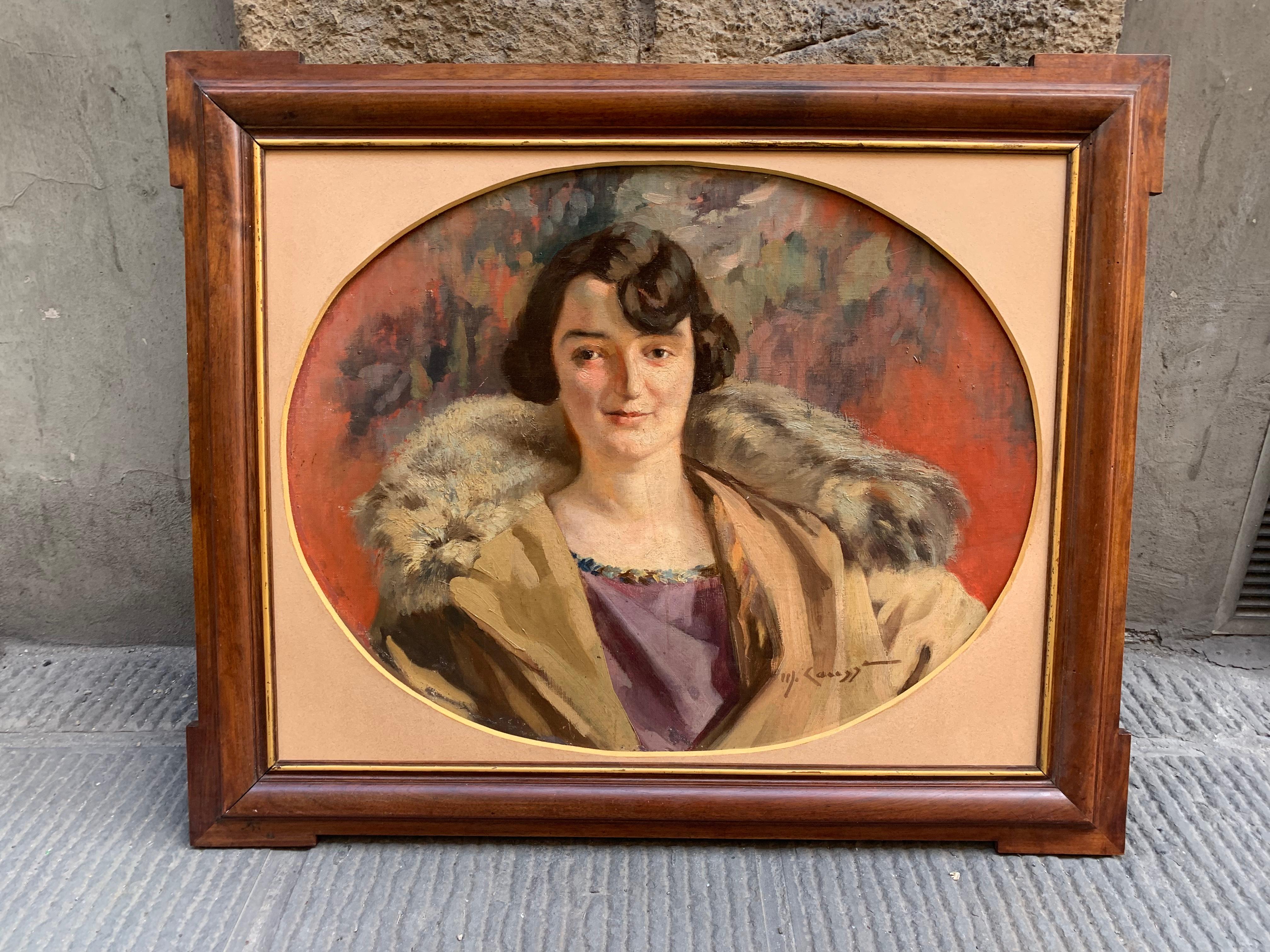 Art Deco ca. 1920. Portrait Of Lady With Bob Cut, Purple Dress And Fur Collar - Painting by Unknown