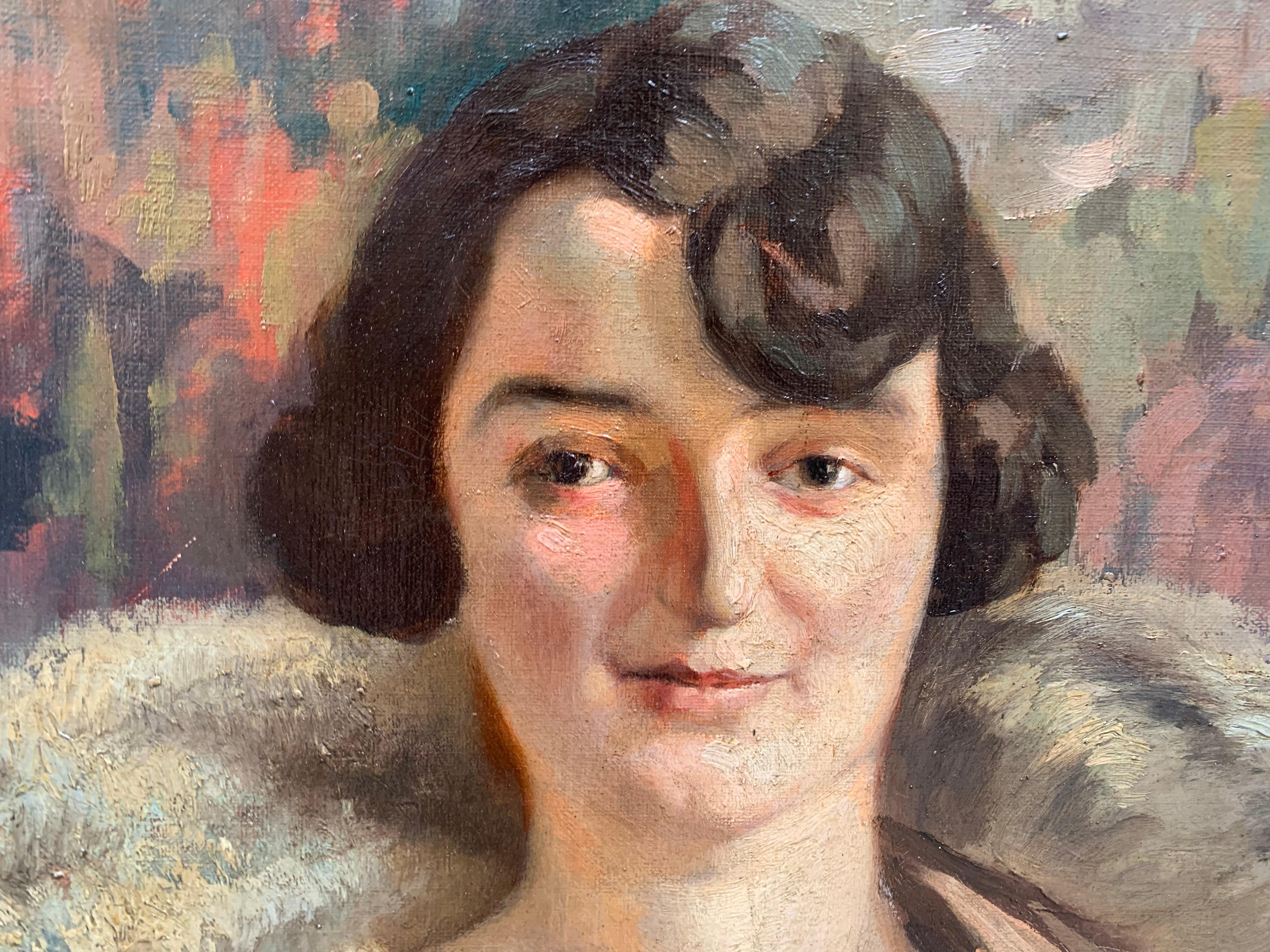 Porträt einer jungen Dame aus den 1920er Jahren mit Bobschnitt und Pelzkragen 
Öl auf Leinwand.
Holzrahmen aus dem frühen 20. Jahrhundert.
Dieses Porträt zeigt ein sehr stilvolles Bild einer jungen Frau aus den 1920er Jahren, das in einer Palette
