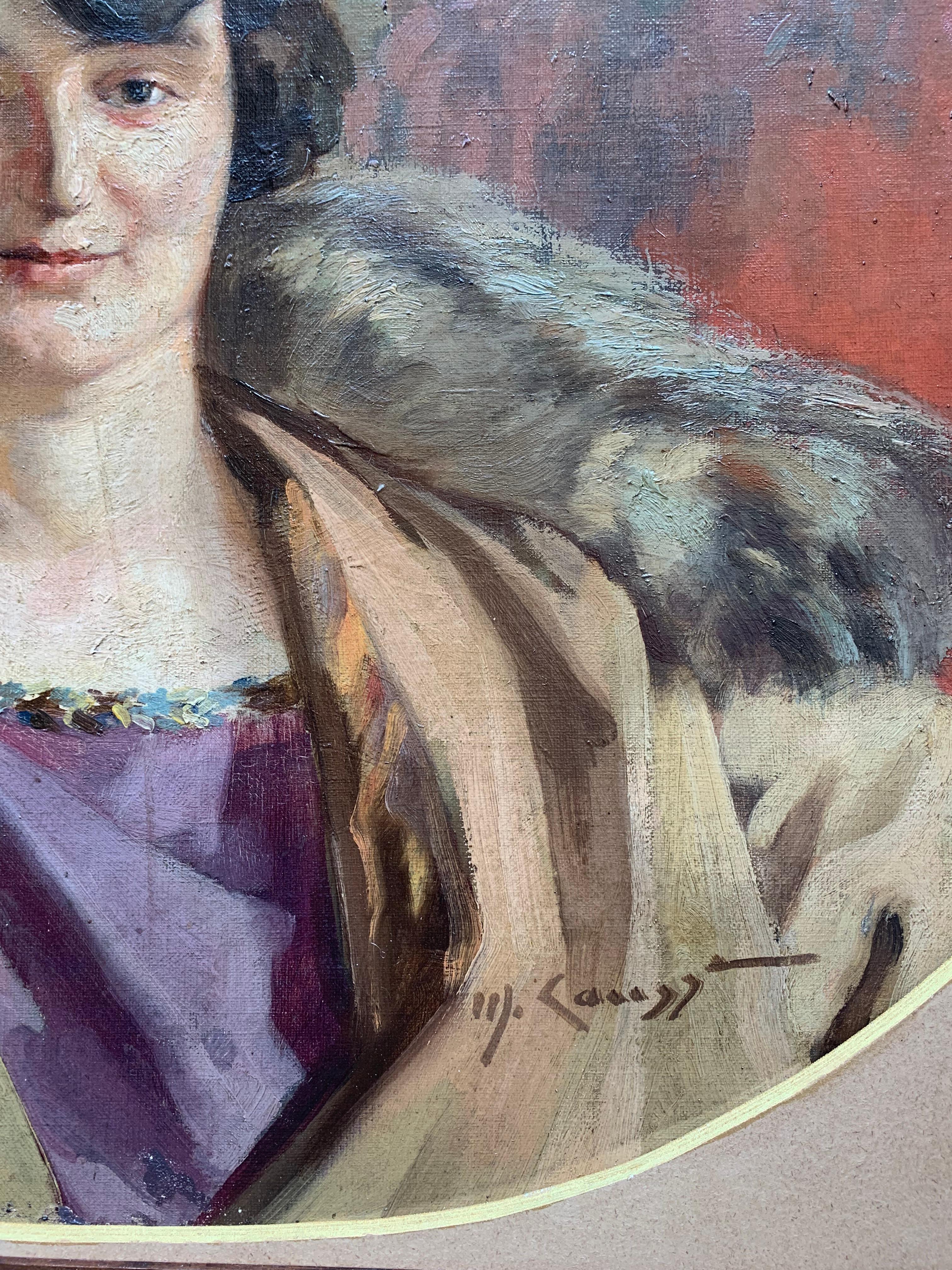 Art Deco ca. 1920. Portrait Of Lady With Bob Cut, Purple Dress And Fur Collar For Sale 2