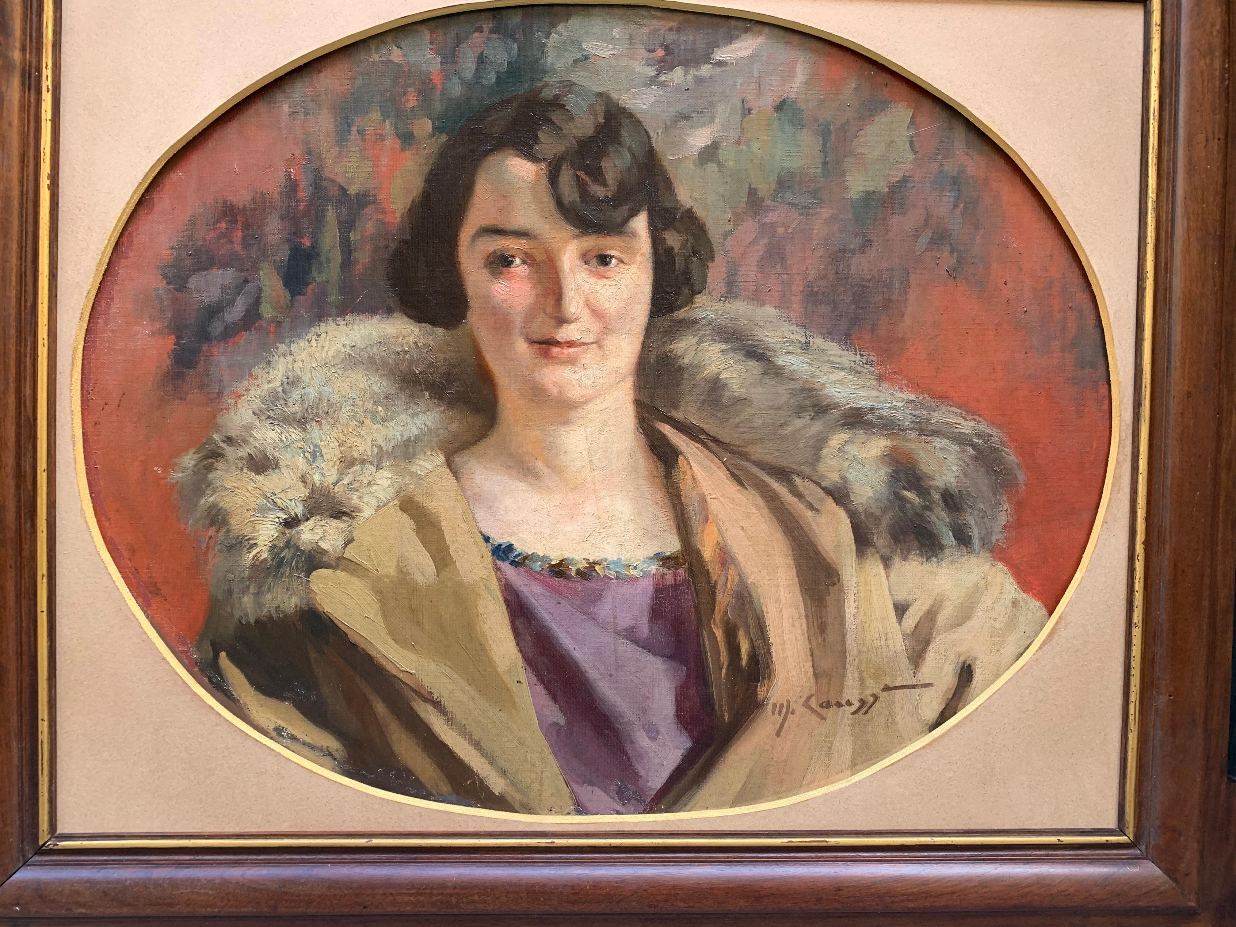 Art Deco, um 1920. Porträt einer Dame mit Bobschnitt, lila Kleid und Pelzkragen im Angebot 3