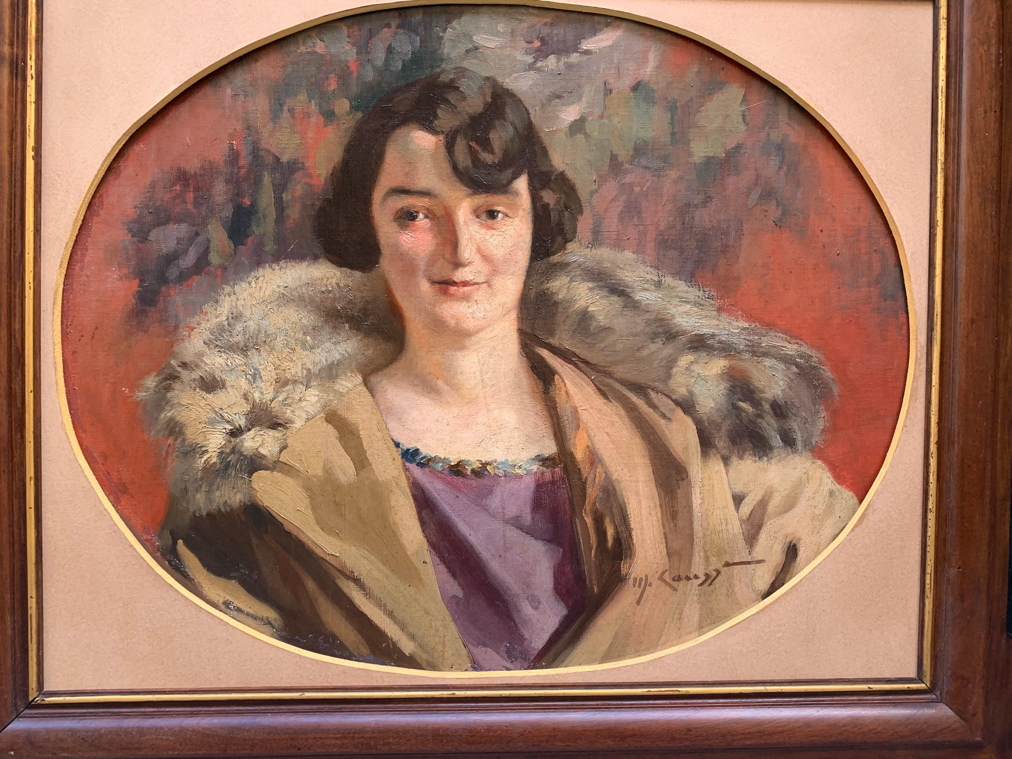 Art Deco ca. 1920. Portrait Of Lady With Bob Cut, Purple Dress And Fur Collar For Sale 5