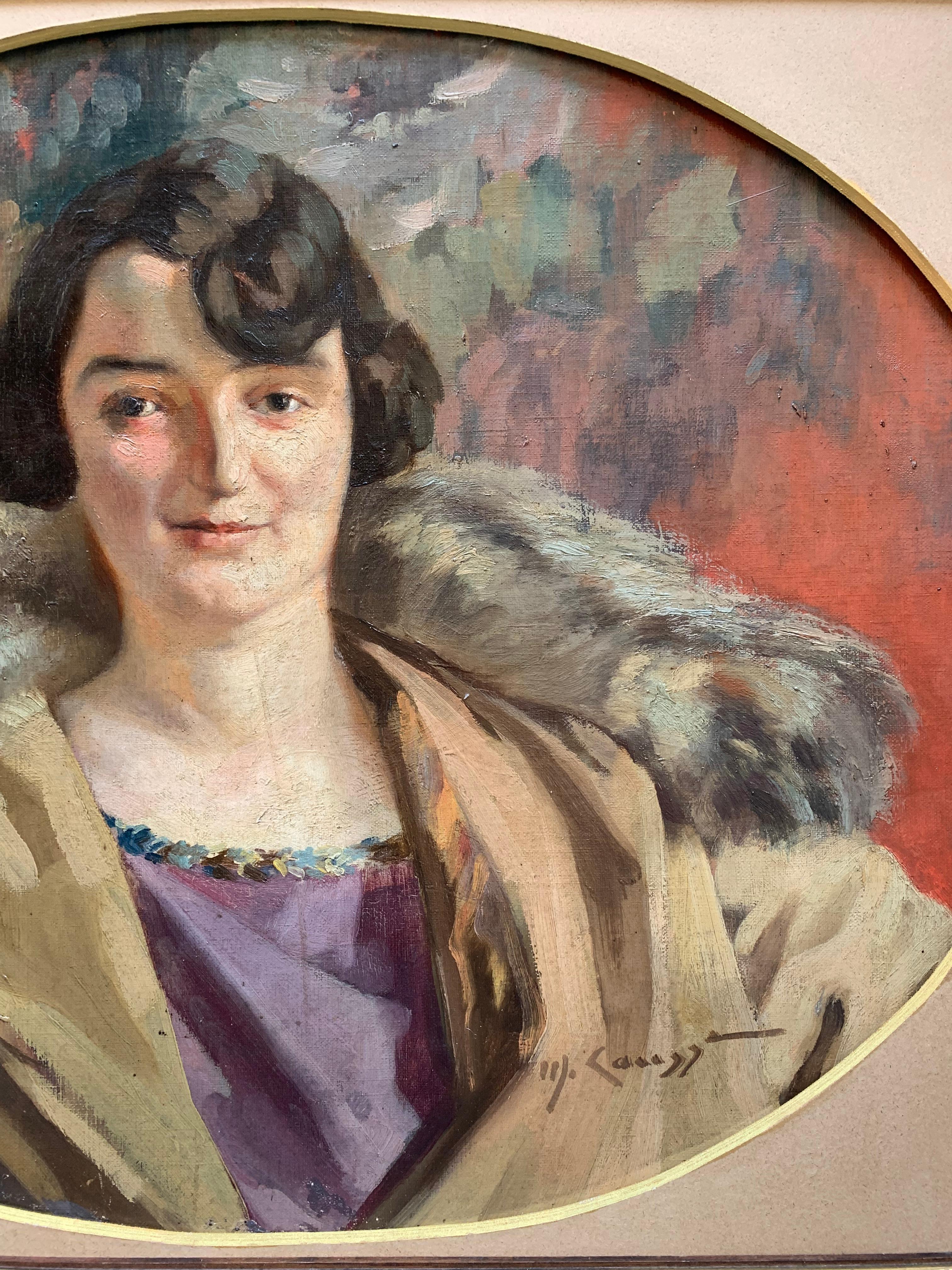 Art Deco ca. 1920. Portrait Of Lady With Bob Cut, Purple Dress And Fur Collar For Sale 6