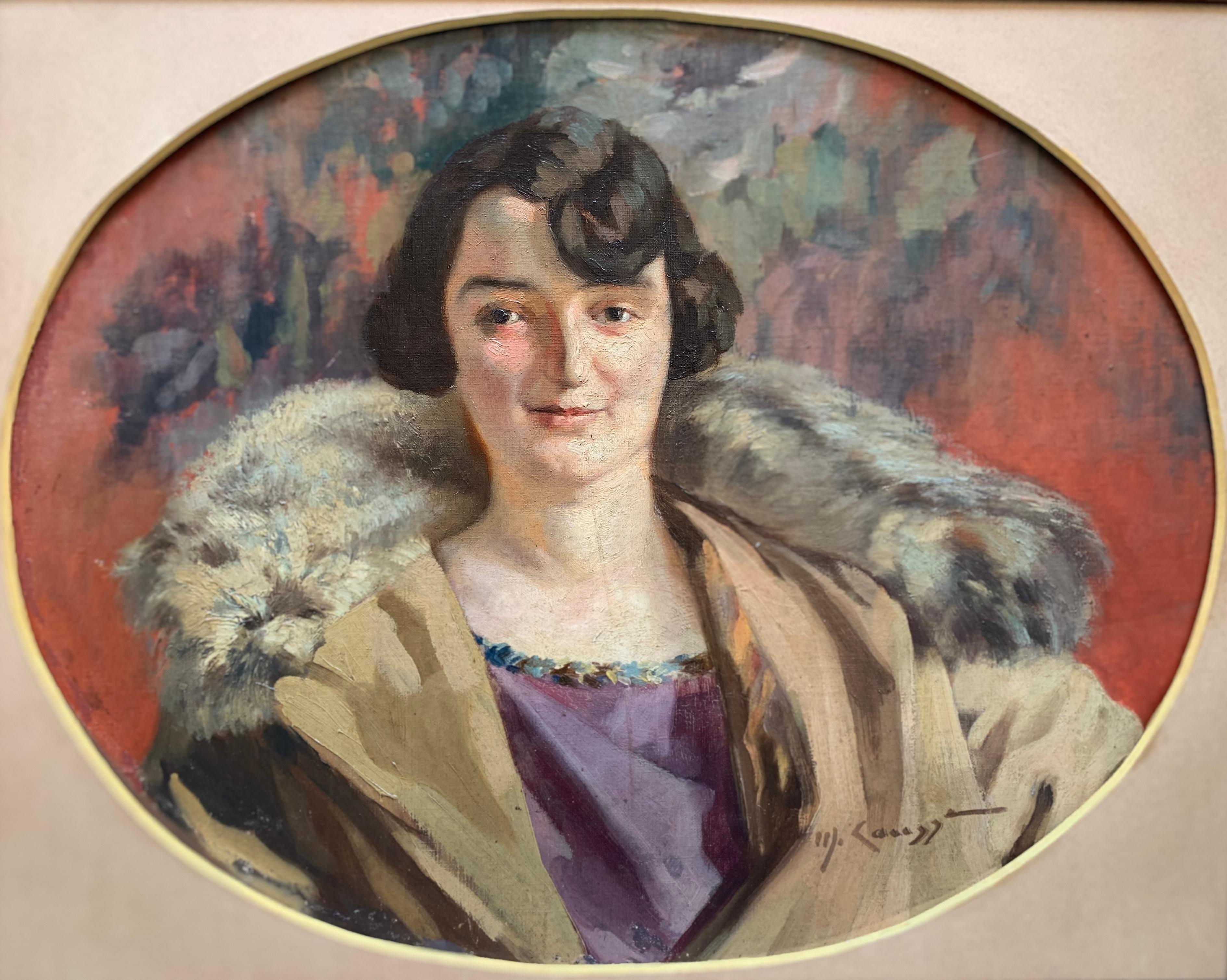 Unknown Portrait Painting – Art Deco, um 1920. Porträt einer Dame mit Bobschnitt, lila Kleid und Pelzkragen