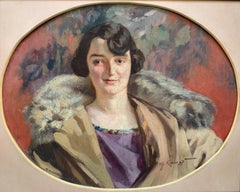 Antique Art Deco ca. 1920. Portrait Of Lady With Bob Cut, Purple Dress And Fur Collar