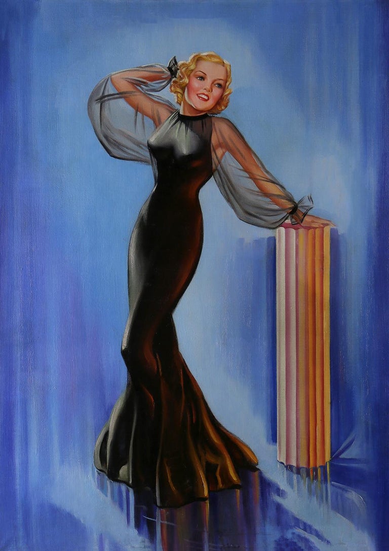 Unknown Figurative Painting - Art Deco Blonde in Black Satin
