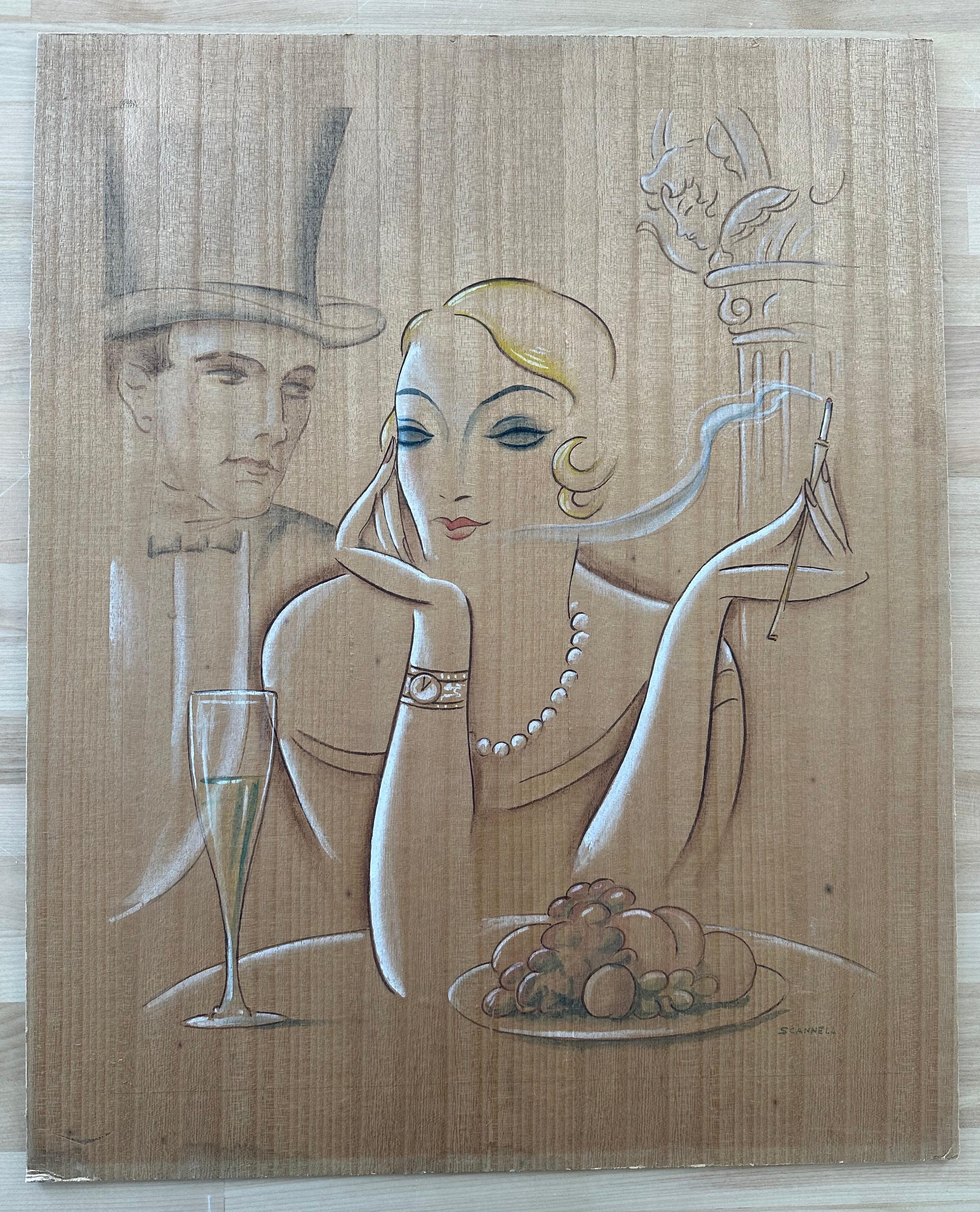 Retrato de pareja Art Decó - Painting de Unknown