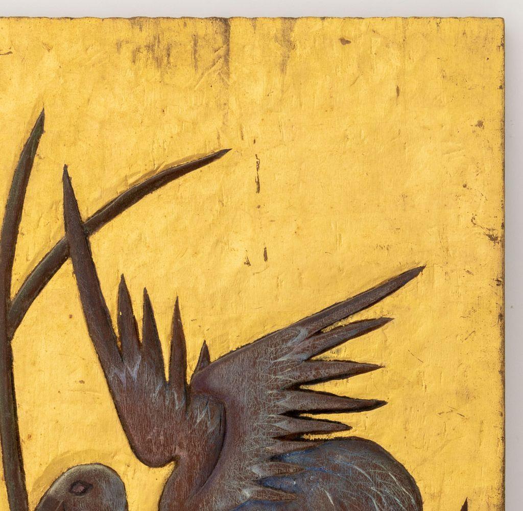 Art Deco Heron Scene Painted and Carved Wood Panel, gilt ground with blue heron in pond, fish below, apparently unsigned, unframed. 30