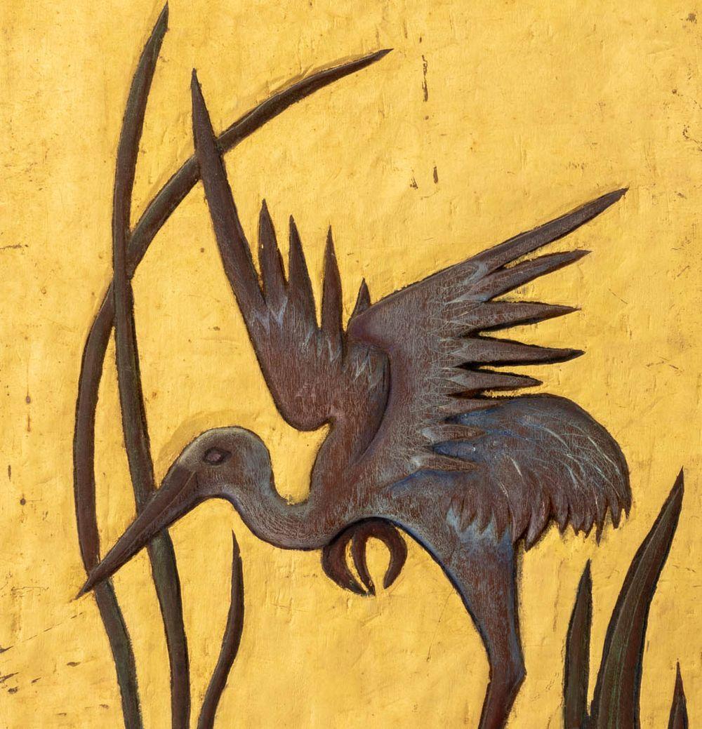 Art Deco Heron Scene Painted and Carved Wood Panel For Sale 1