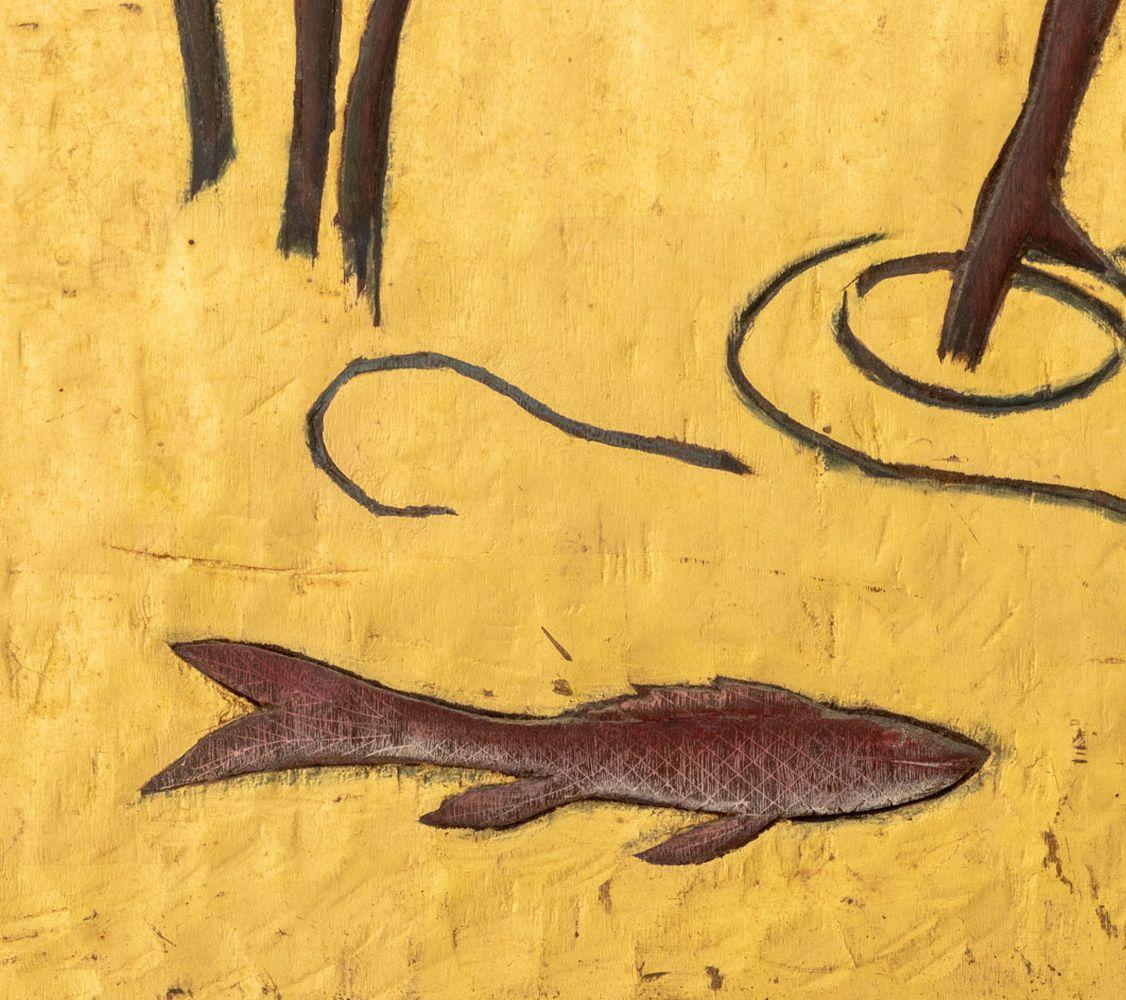 Art Deco Heron Scene Painted and Carved Wood Panel For Sale 2