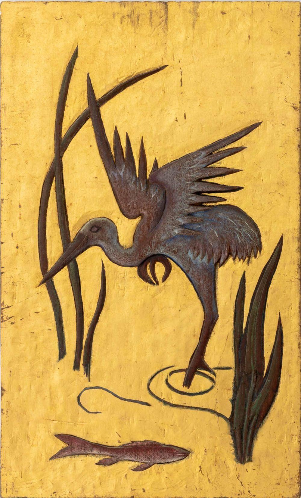 Art Deco Heron Scene Painted and Carved Wood Panel - Sculpture by Unknown