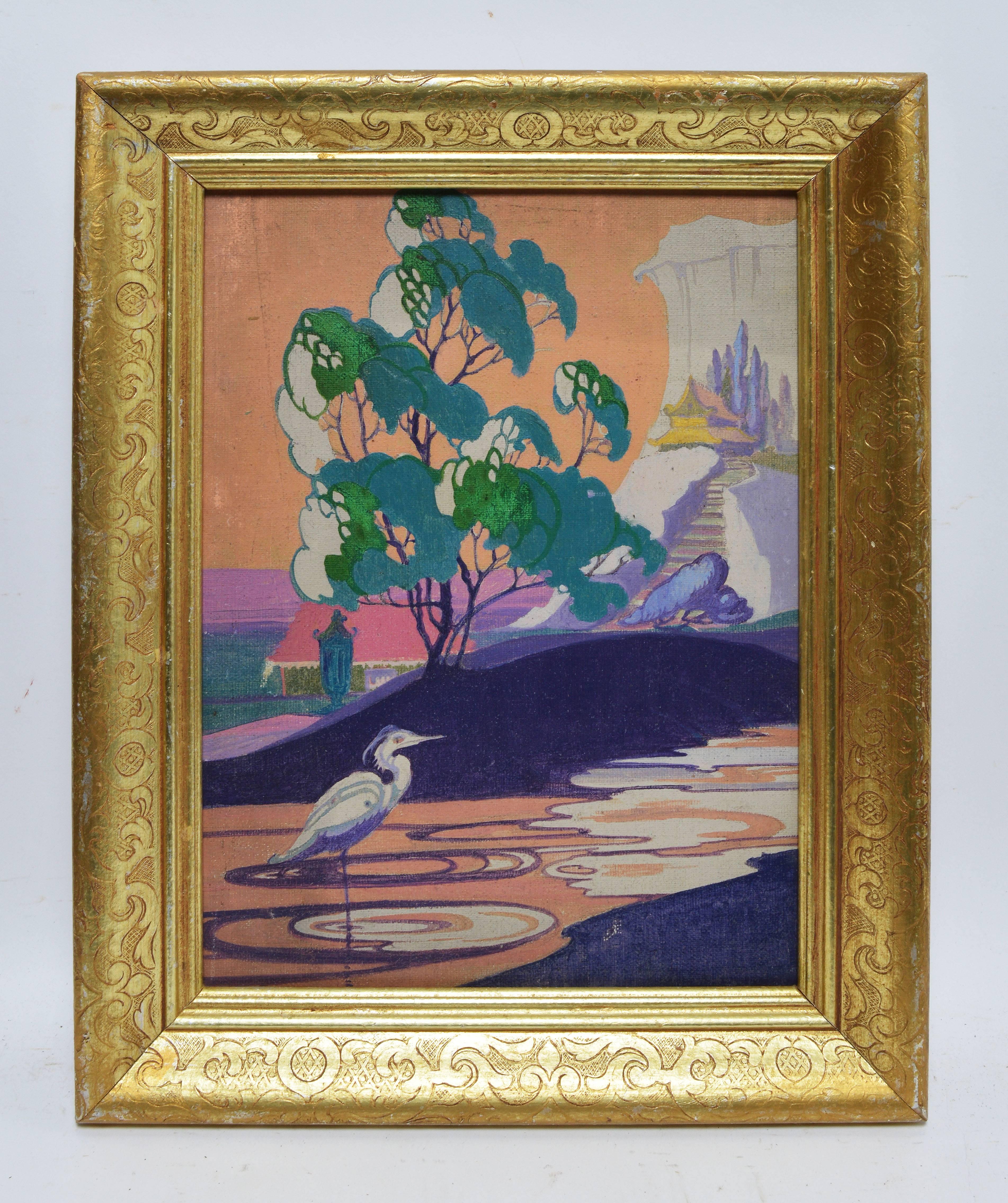 Art Deco Landscape with A Heron - Painting by Unknown