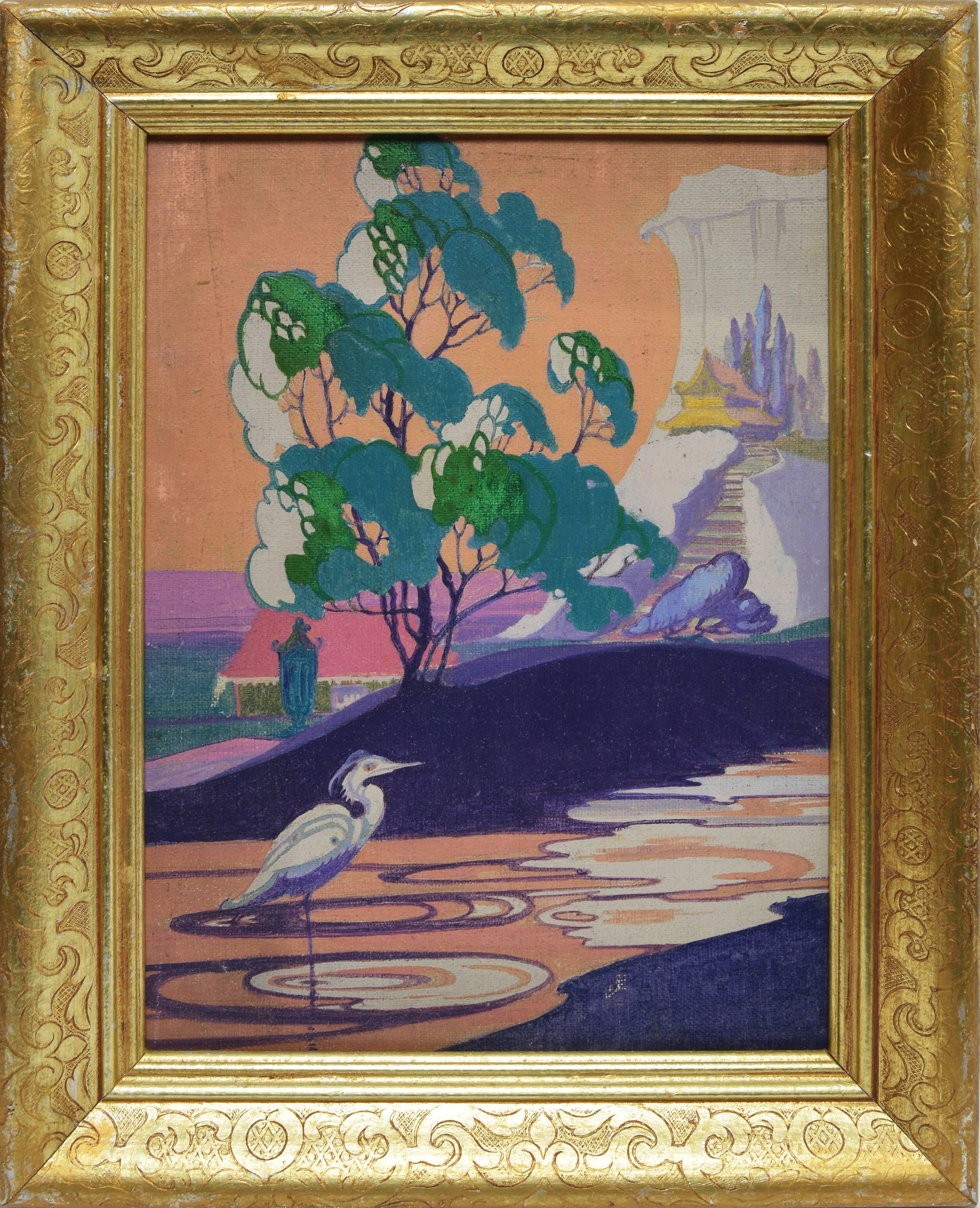 Unknown Landscape Painting - Art Deco Landscape with A Heron