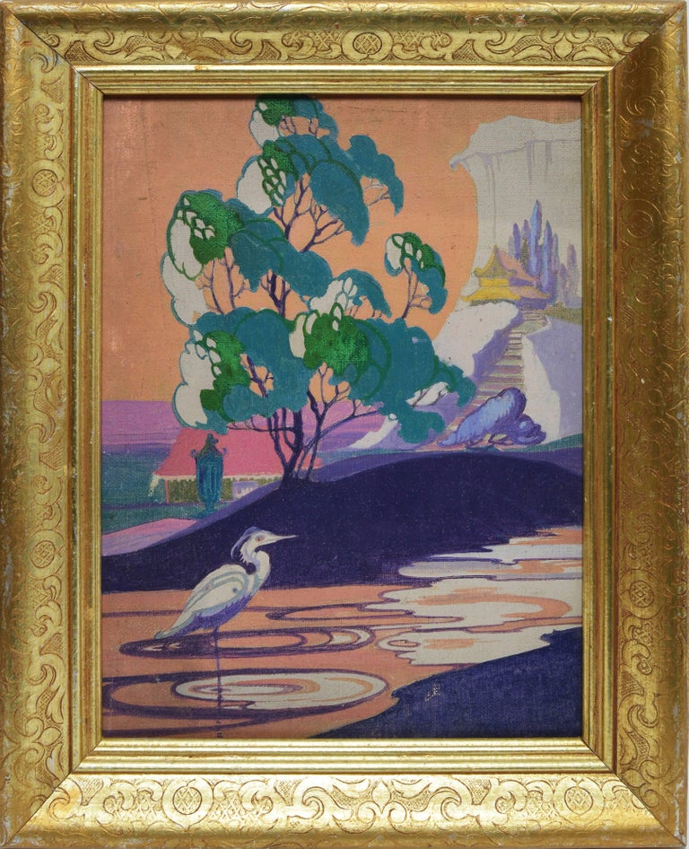 Unknown Art Deco Landscape with A Heron at 1stDibs art deco