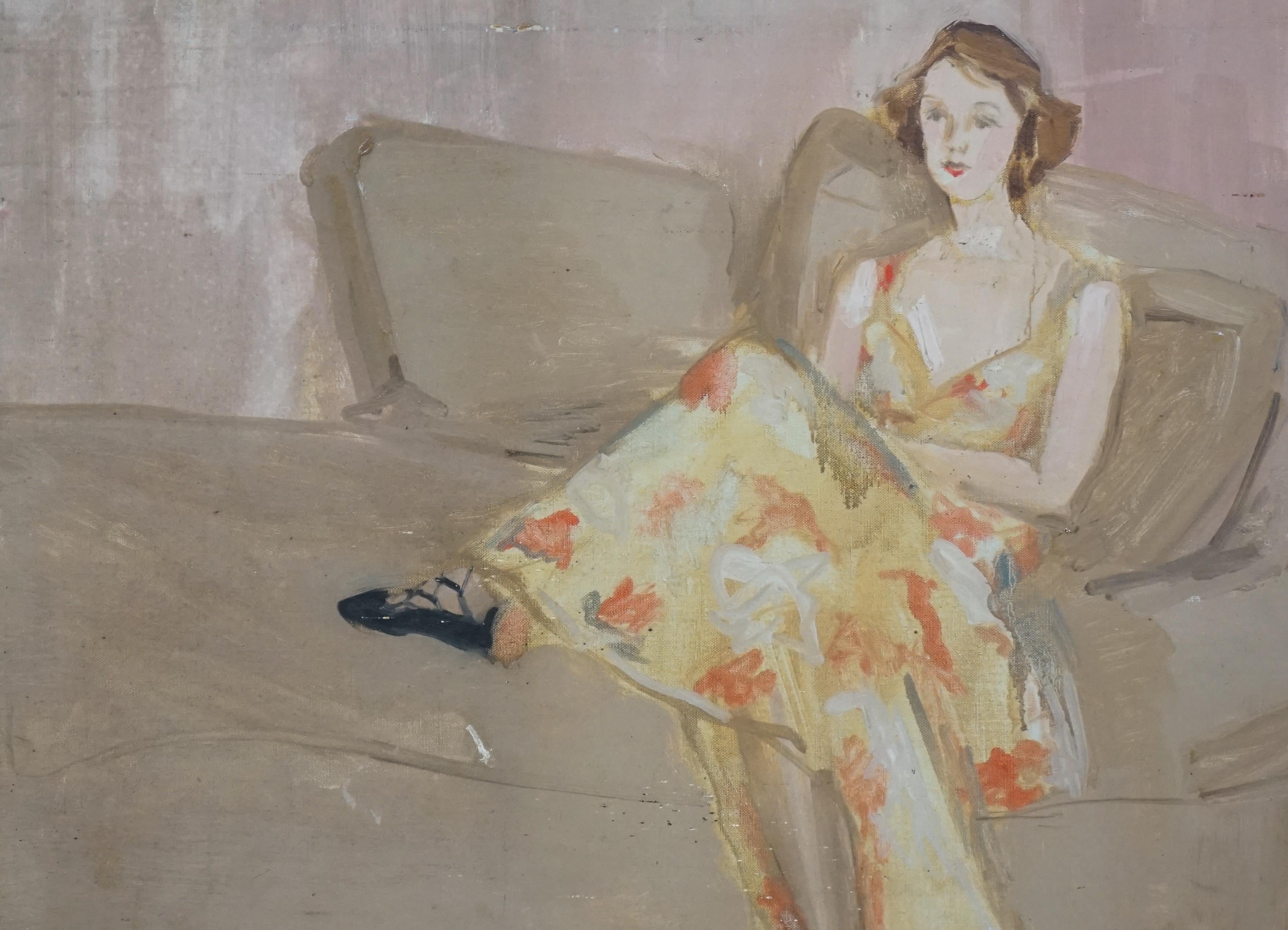 Art Deco Modernist Interior Brunette Girl Reclining on Sofa - Painting by Unknown