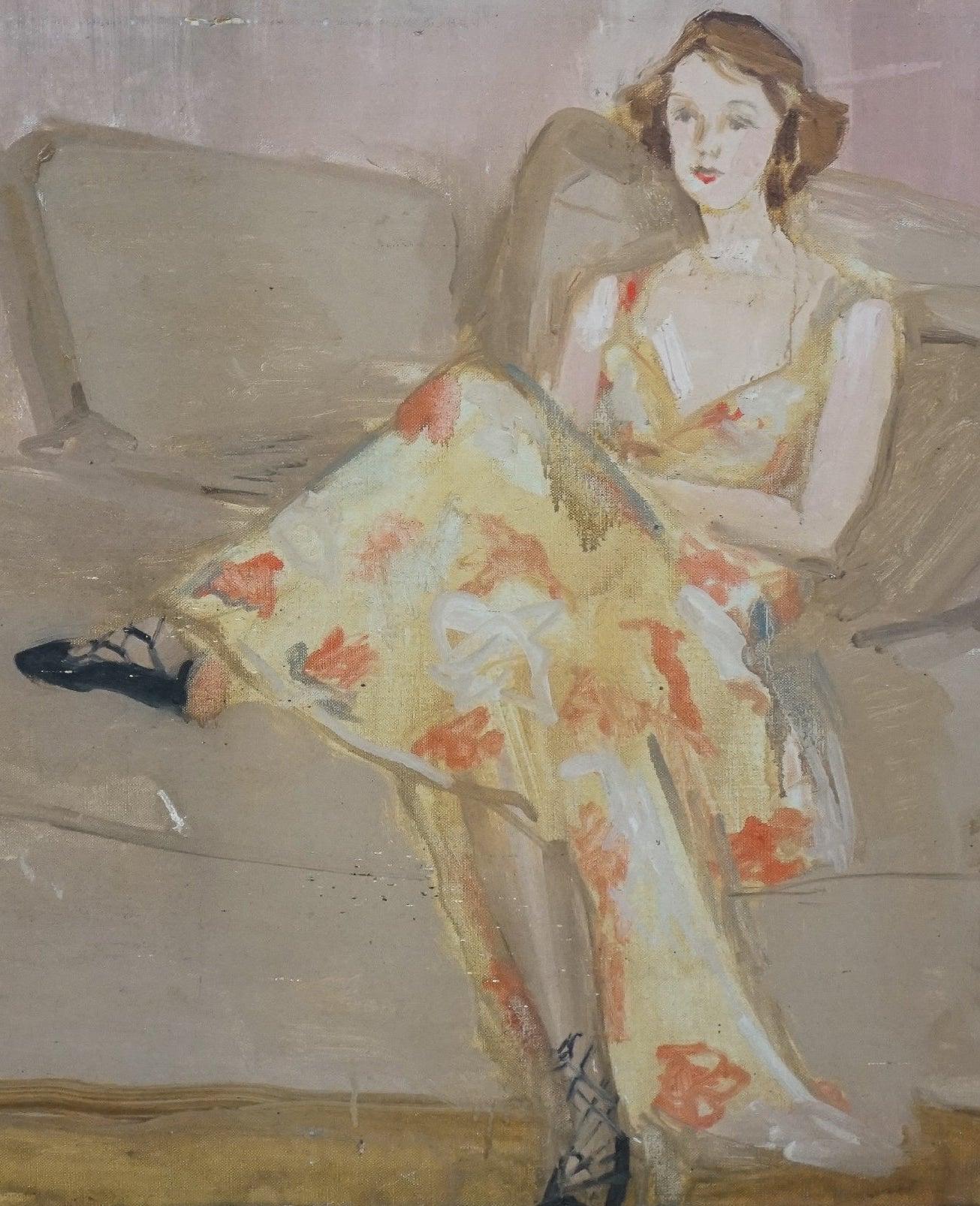 Art Deco Modernist Interior Brunette Girl Reclining on Sofa - Gray Interior Painting by Unknown