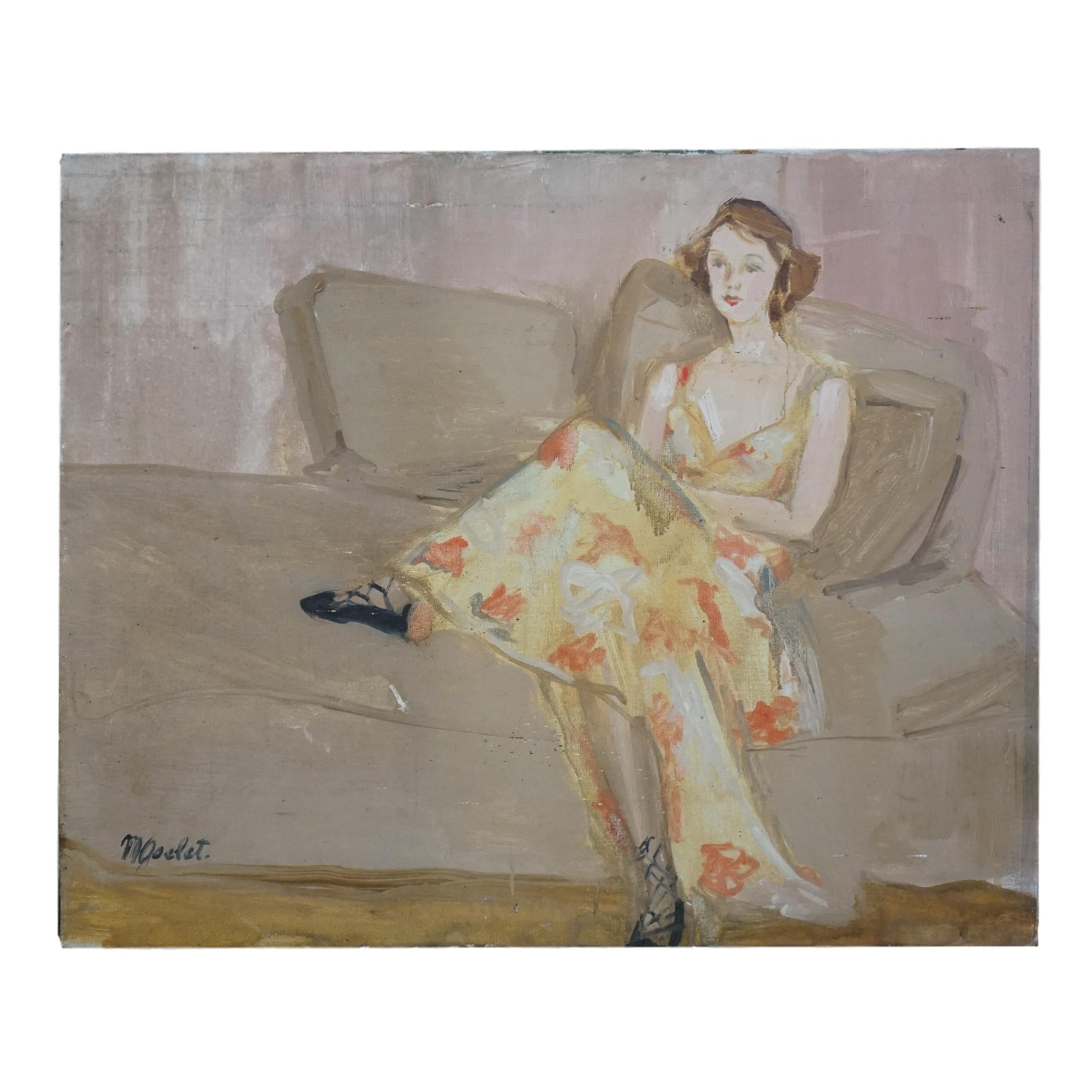 Unknown Interior Painting - Art Deco Modernist Interior Brunette Girl Reclining on Sofa