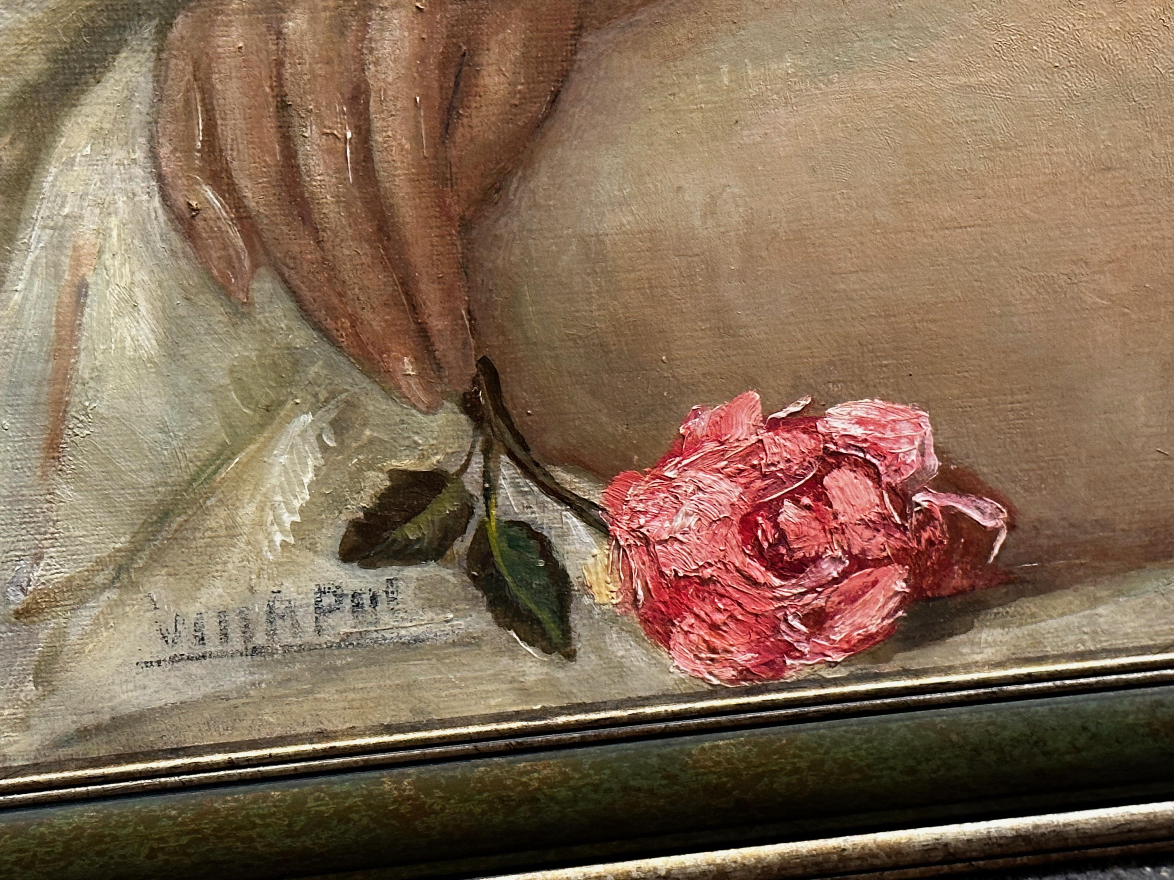 Art Deco Oil Paining Nude with Rose For Sale 6