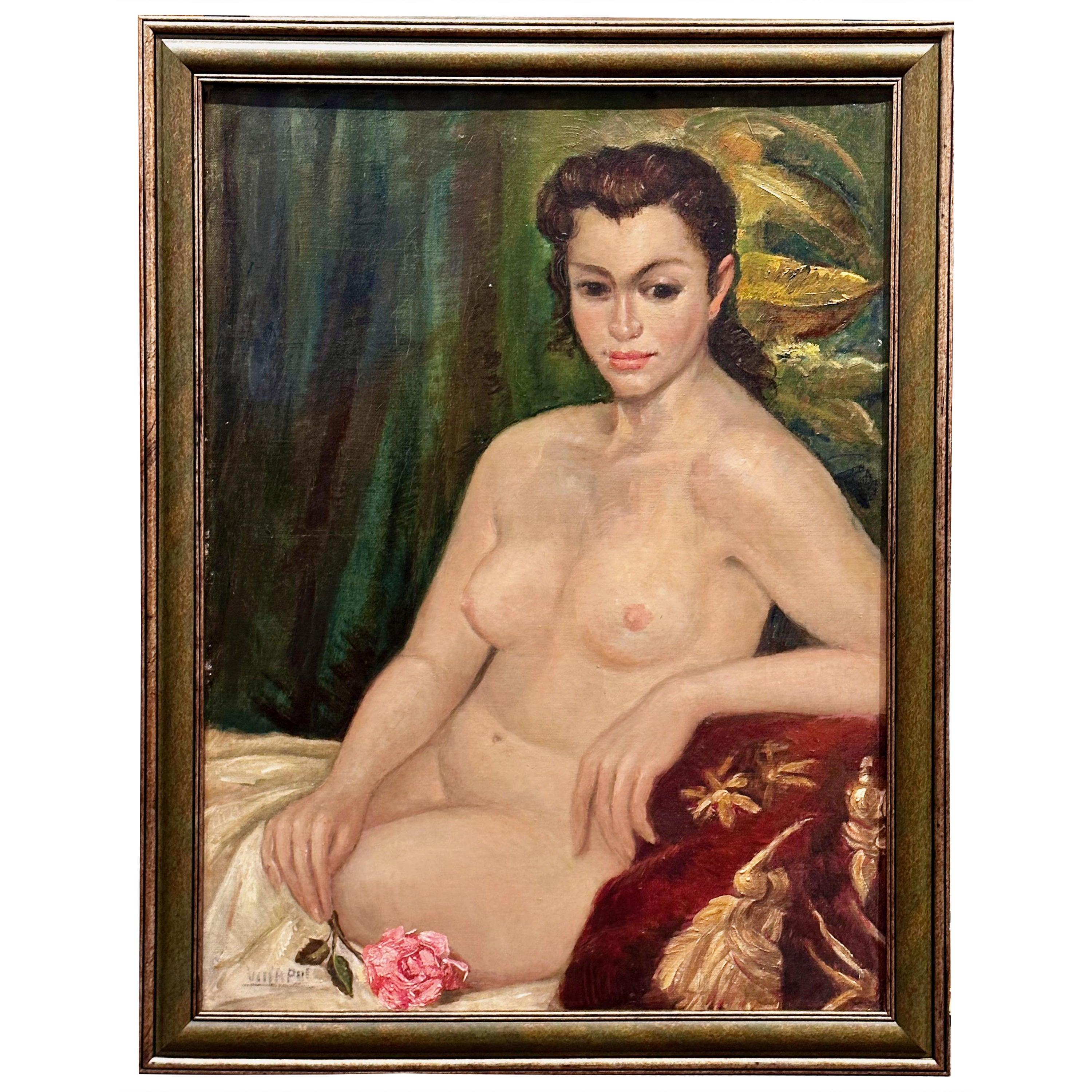 Unknown Nude Painting – Art Deco Ölfarbener Nude mit Rose, Ölgemälde