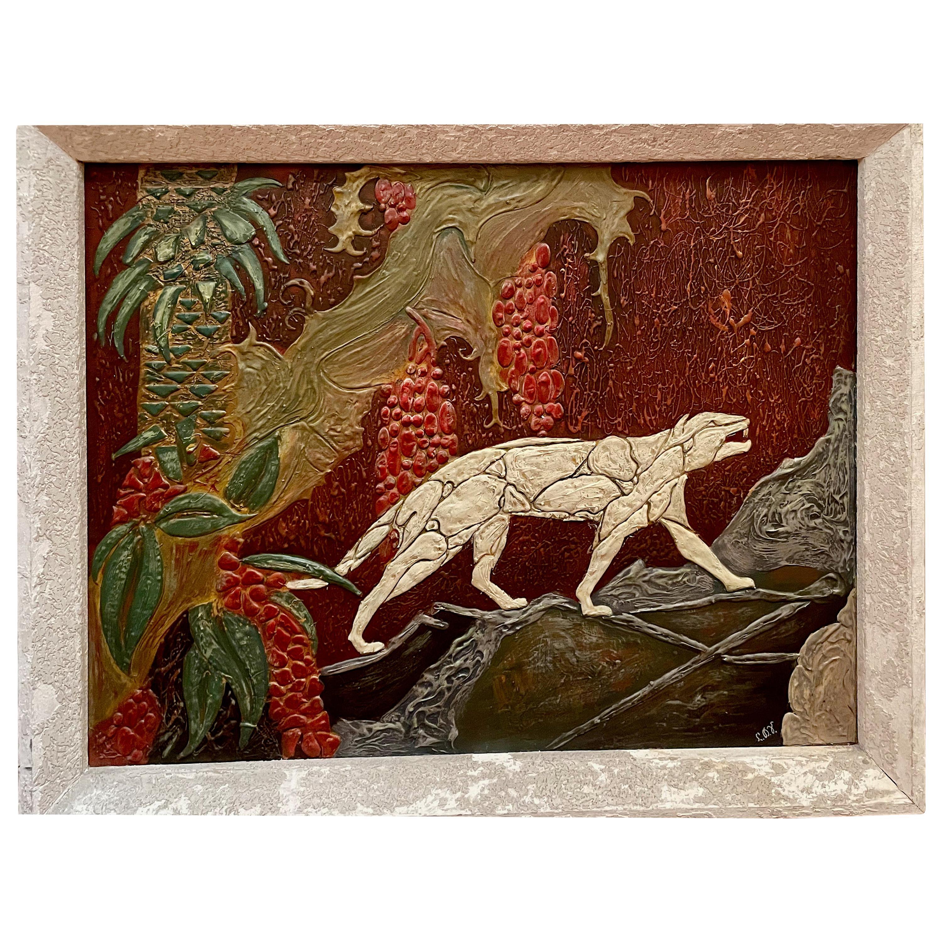 Art Deco painting depicting a panther in the wild. Unusual dimensional treatment with all the paint. Could you look closely at the texture of this piece? It is in an original frame that also has a painted finish. It appears to all be painted on a