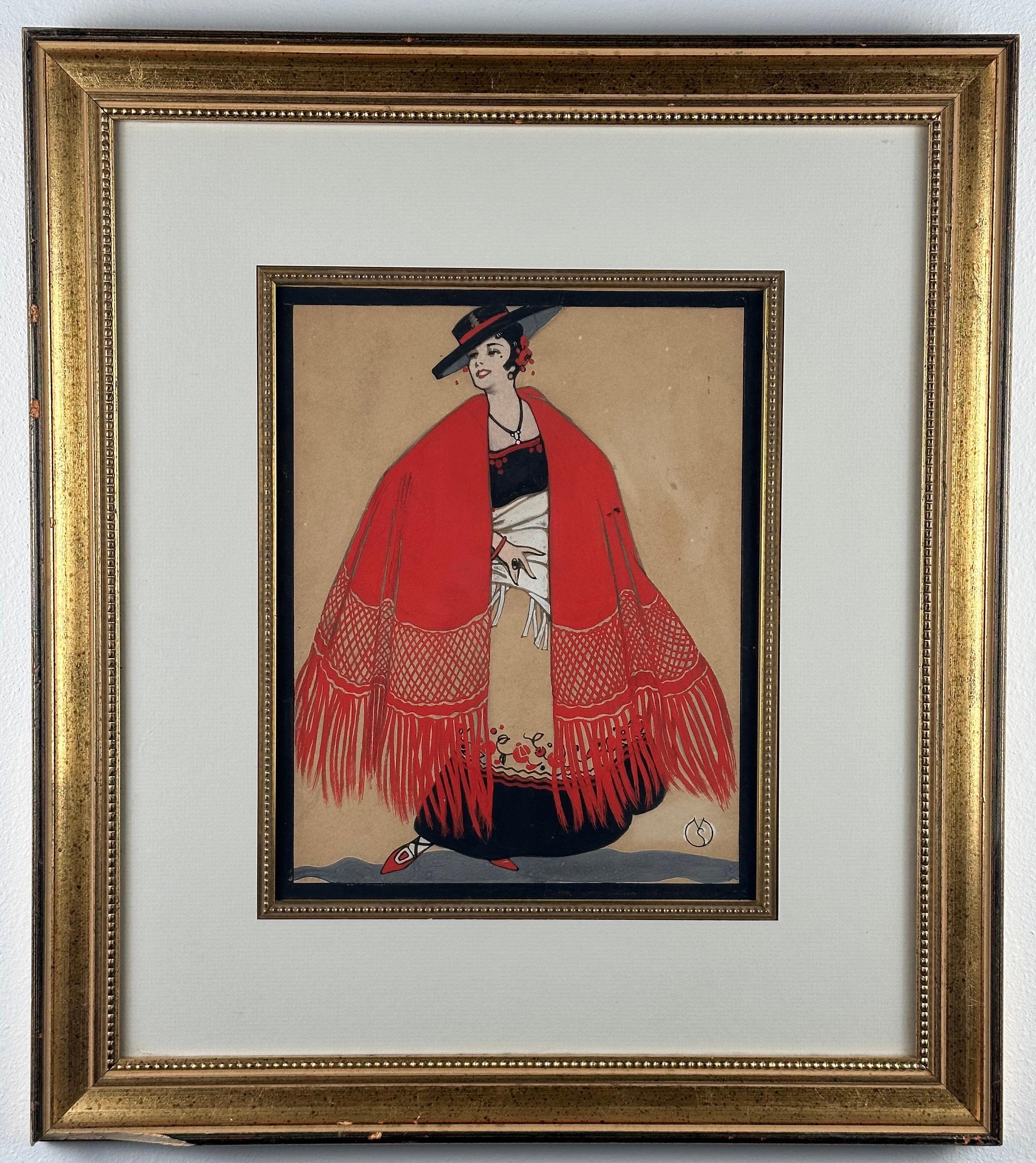 Art Deco Spanish Woman Fashion Illustration - Painting by Unknown