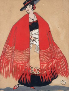 Antique Art Deco Spanish Woman Fashion Illustration
