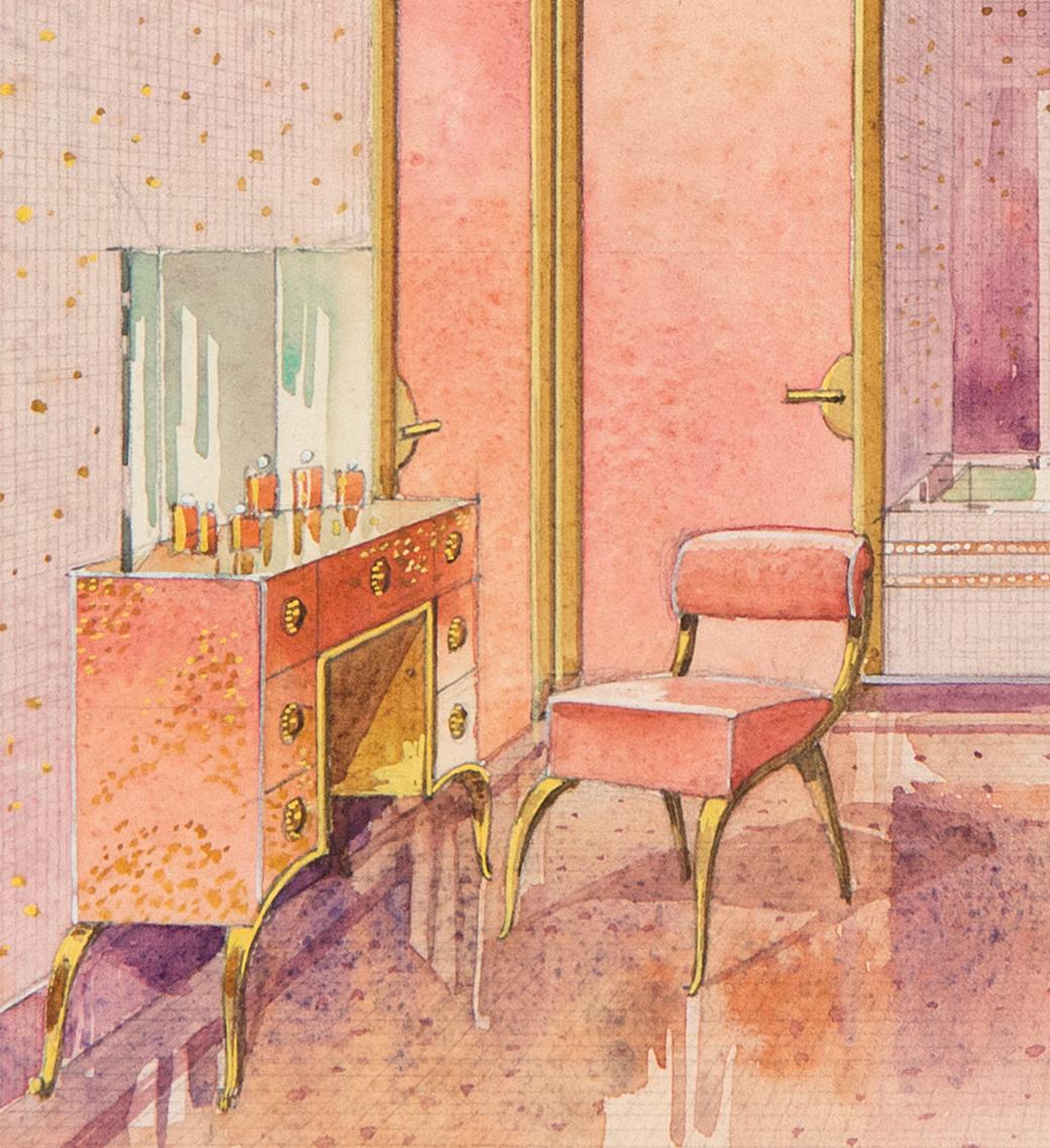 Damen-Bad-Gemälde im Art déco-Stil (Beige), Interior Painting, von Unknown