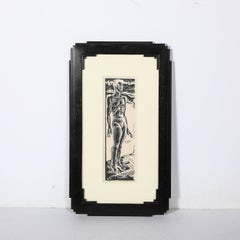 Art Deco Woodcut of Swimmer W/ Sailboats Signed "WB" in Custom Art Deco Frame