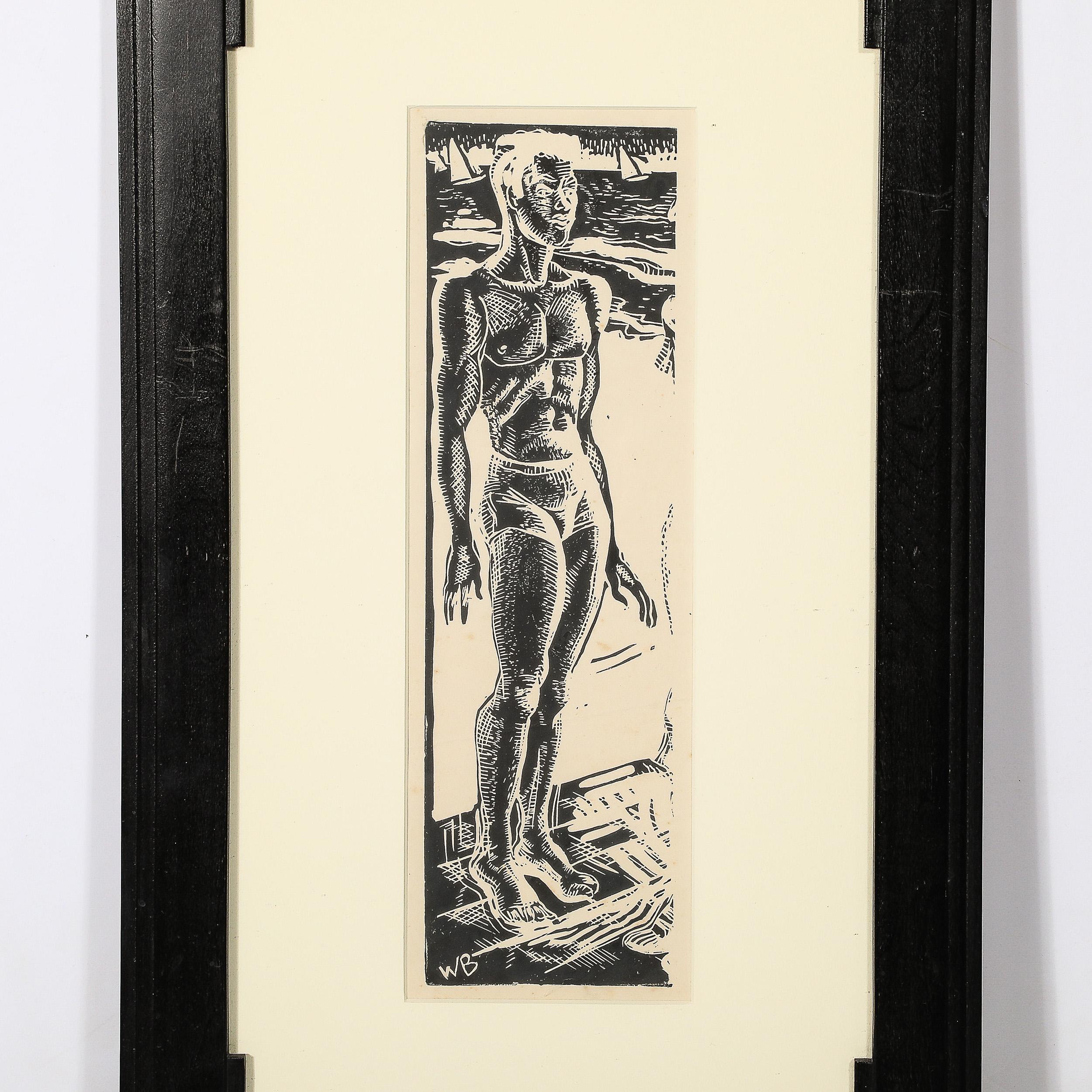 This lovely Art Deco Woodcut of Swimmer W/ Sailboats is by an Unknown artist, signed 