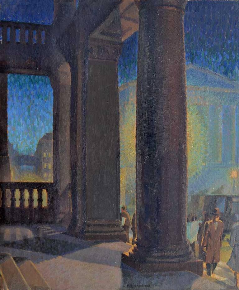 Unknown Landscape Painting - Art Gallery, Portico, Dark Evening - 20th Century Oil