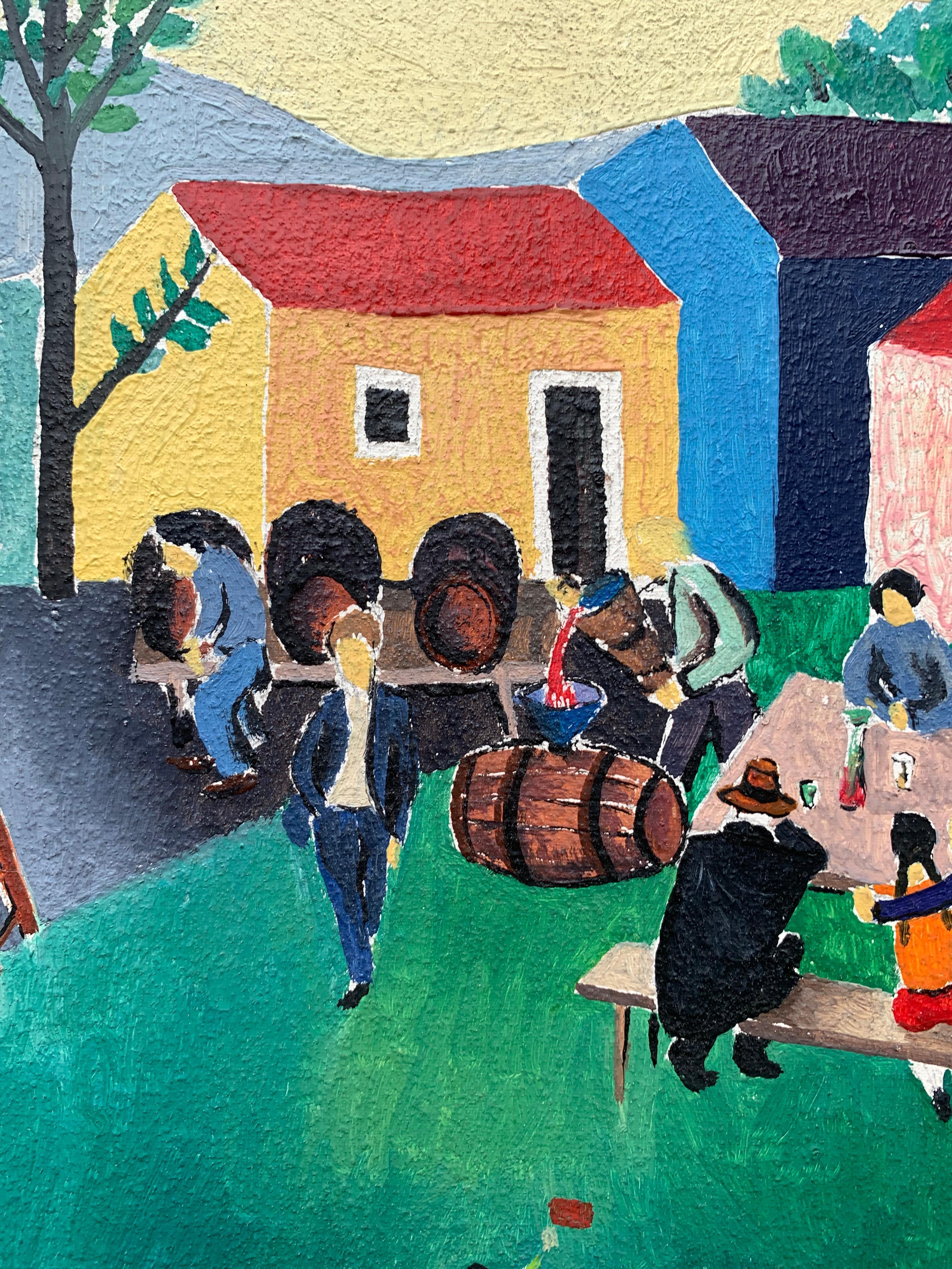 Art Naif. 
Painting from 1960s.
Wine festival.

Dimensions: cm 81 x 59
The painting represents a cheerful popular scene with a musical band, people dancing, a man pouring wine from wooden barrels, tables full of colorfully dressed people.
A childish