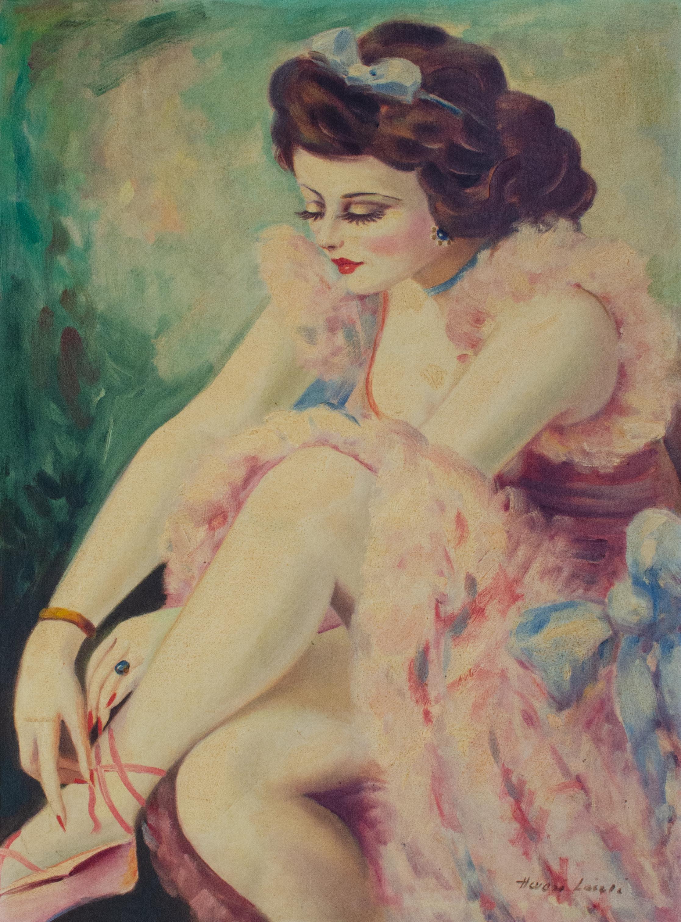 Jugendstil-Ballerina-Gemälde des europäischen Künstlers Mystery – Painting von Unknown