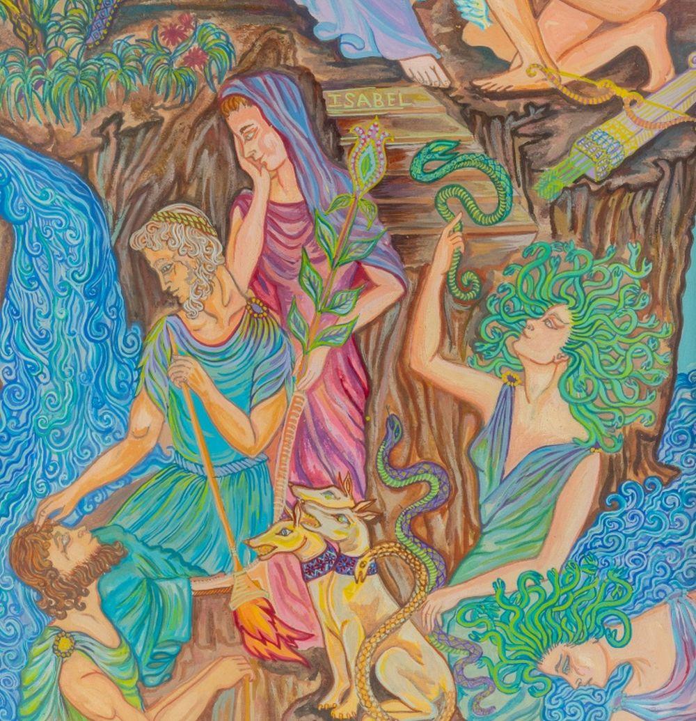 Pair of Signed Art Nouveau Style Greek Mythology Scenes, Gouache on Board, one of the Gods on Olympus, other depicting Gods and mythical creatures on a rock at sea, both signed 