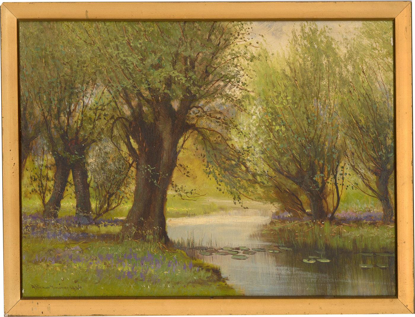 Unknown Landscape Painting - Arthur Harding Norwood (fl.1889-1893) - 1926 Oil, River at Dawn