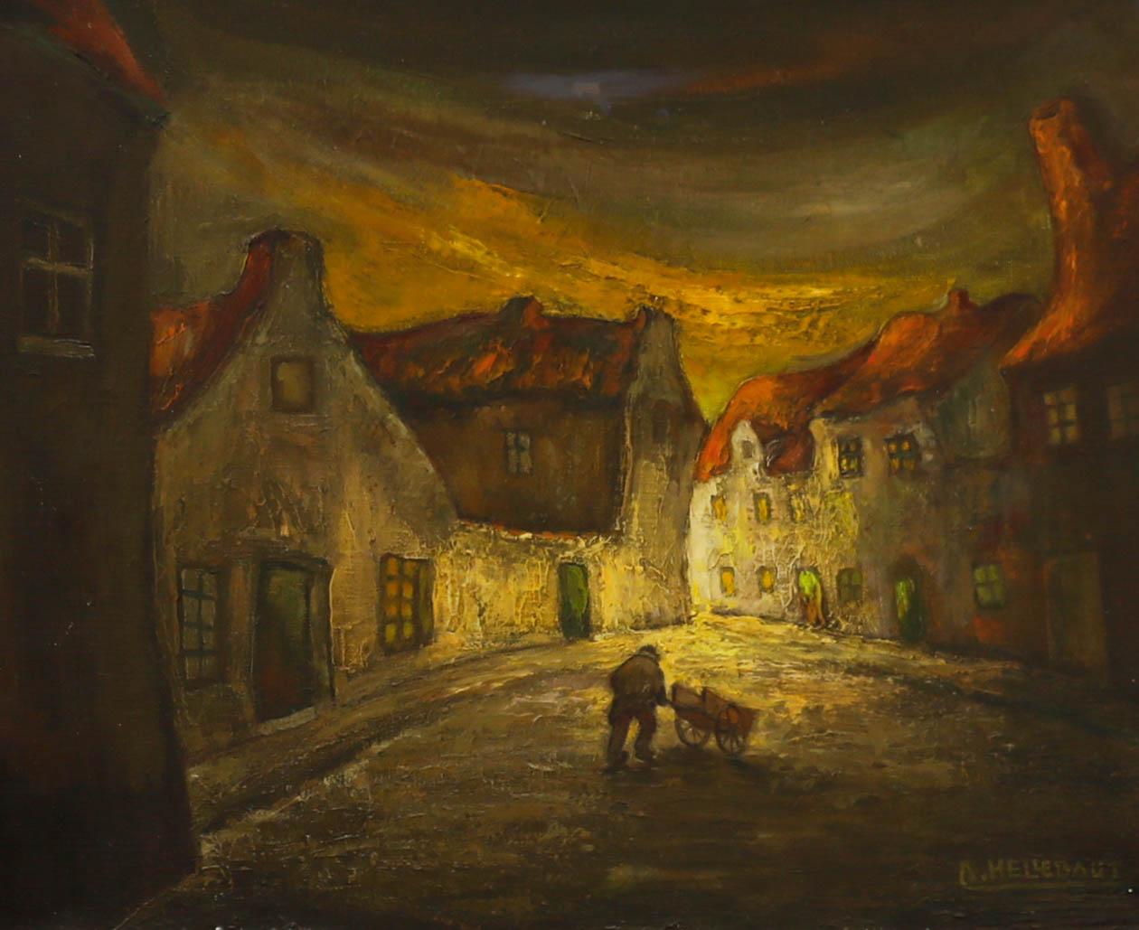 Arthur Hellebaut (né en 1927) - Huile du 20e siècle, La rue de minuit - Painting de Unknown