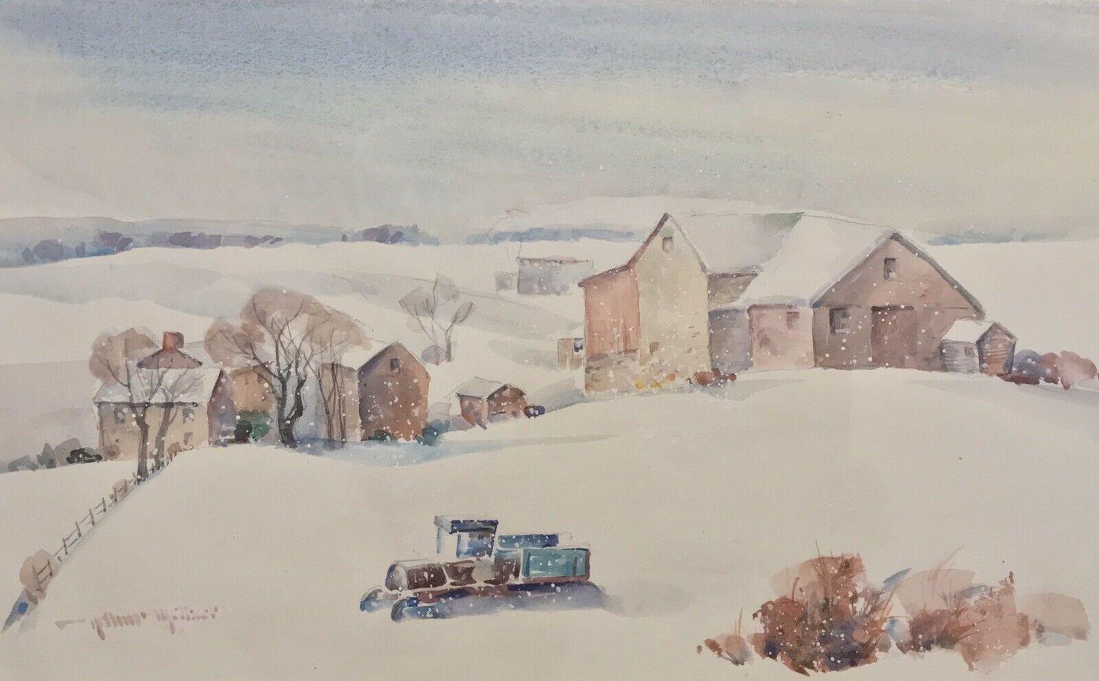 Arthur Meltzer “Winter Farm Landscape” Watercolor For Sale 1