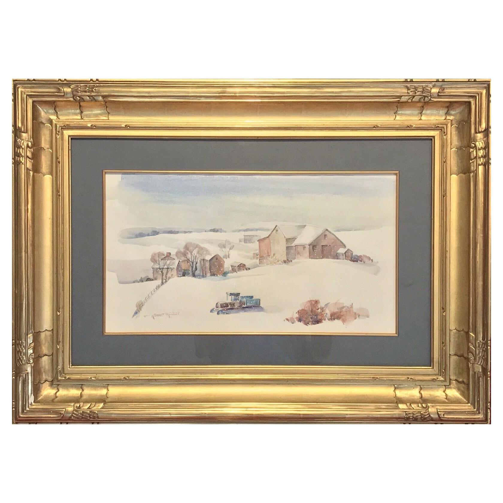 Unknown Landscape Painting - Arthur Meltzer “Winter Farm Landscape” Watercolor