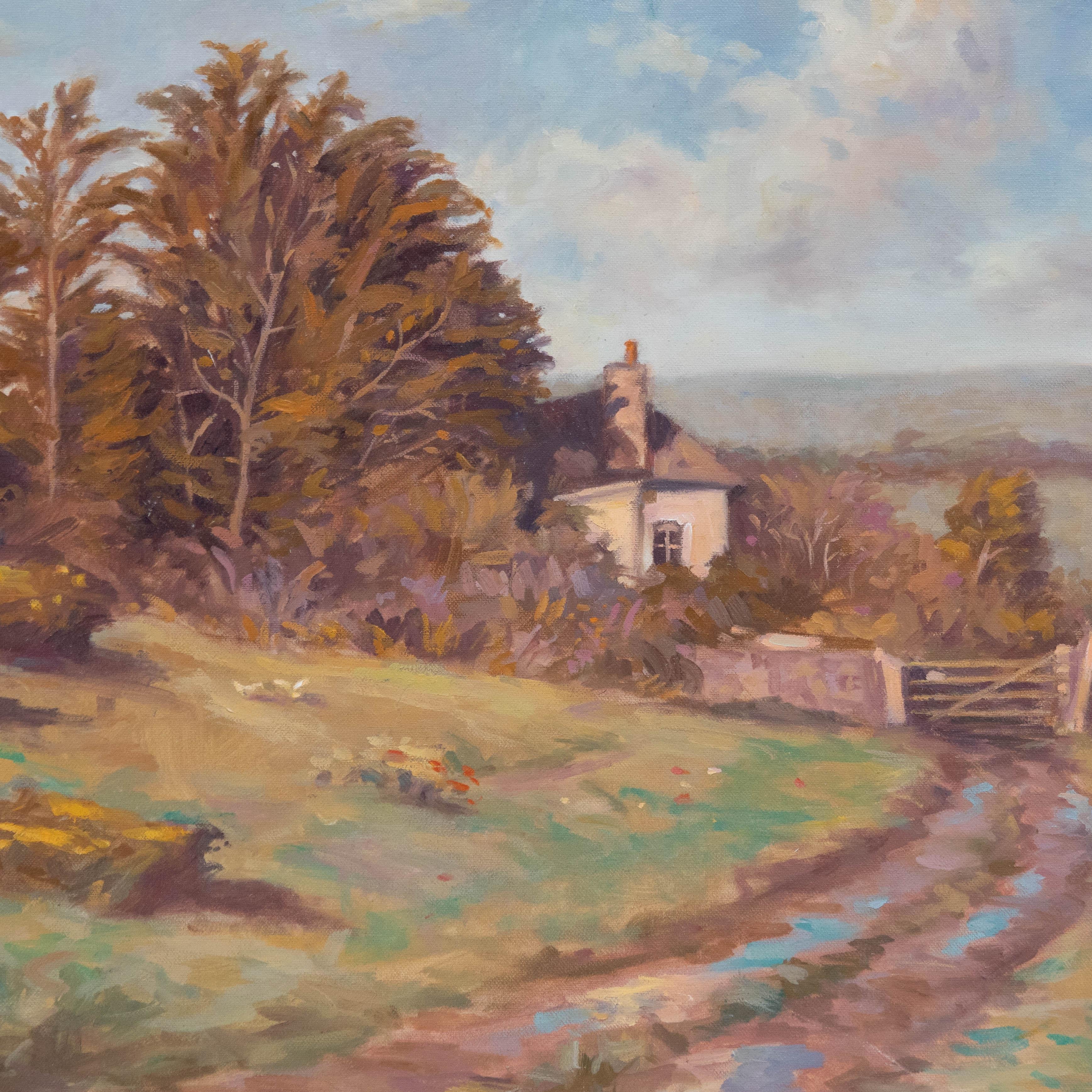 Original-Öl-Landschaft. Präsentiert in einem Holzrahmen mit Leinenunterlage. Signiert unten rechts. Auf Leinwand auf Keilrahmen.