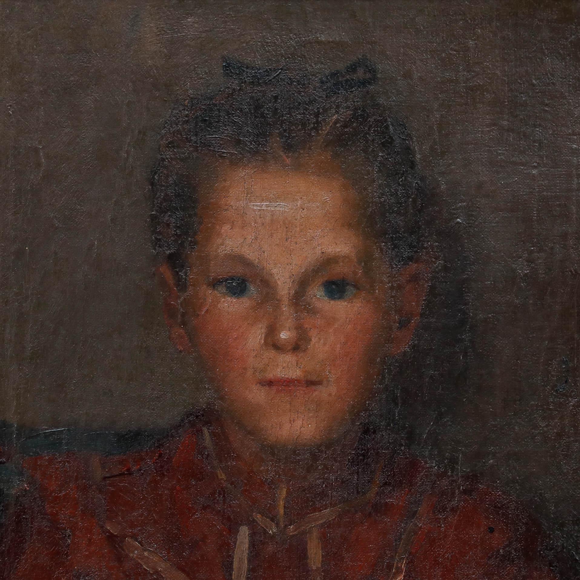 A charming depiction of siblings. They wear shades of red and green and look directly towards the artist.

Signed and dated to the upper right corner. Beautifully presented in a folk style painted frame. On canvas. 
